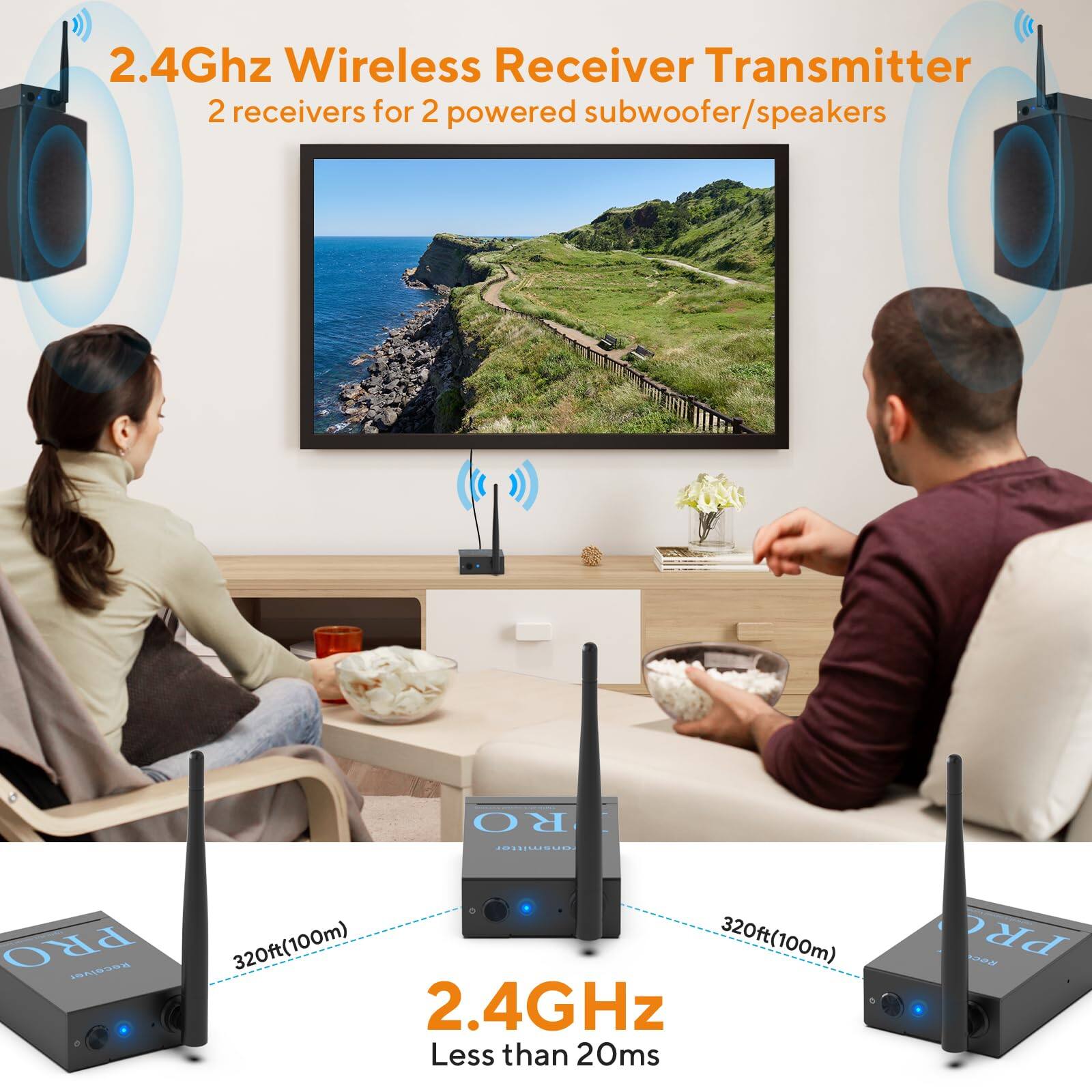 2.4Ghz Wireless Receiver Transmitter  
2 receivers for 2 powered subwoofer/speakers  

2.4GHz  
Less than 20ms  

320ft(100m)  
320ft(100m)