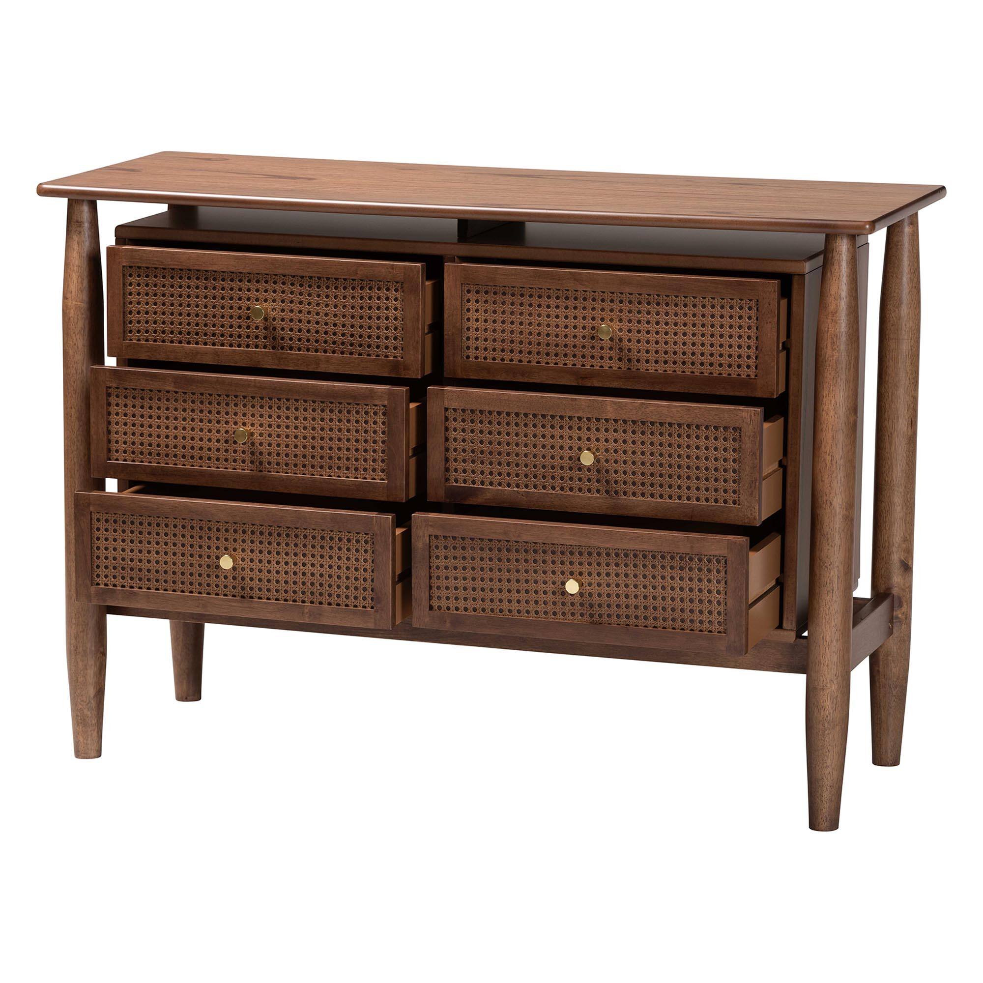 Angle. Baxton Studio - Alyssa Japandi Wood 6-Drawer Dresser - Walnut Brown.