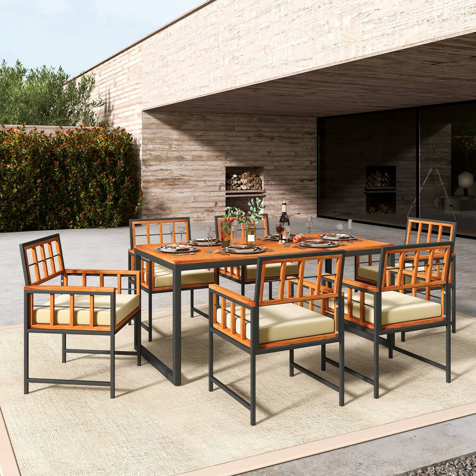 Alt View 6. Gymax - Gymax Acacia Wood Patio Chairs Set of 6 w/Cushions & Metal Frame 400 lbs Capacity - Brown.