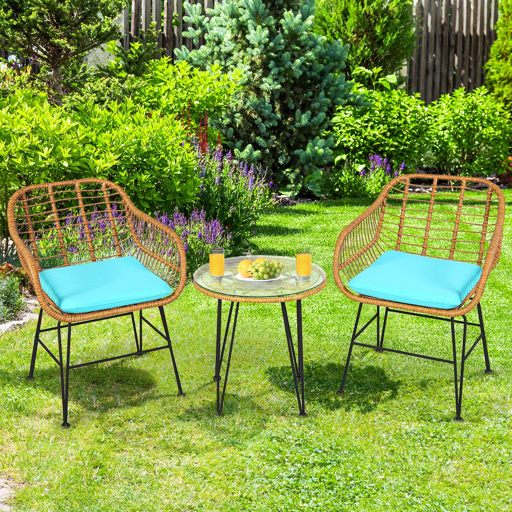 Alt View 8. Gymax - Gymax 3PCS Rattan Patio Bistro Set Conversation Furniture Set w/ Turquoise Cushions - Turquoise.