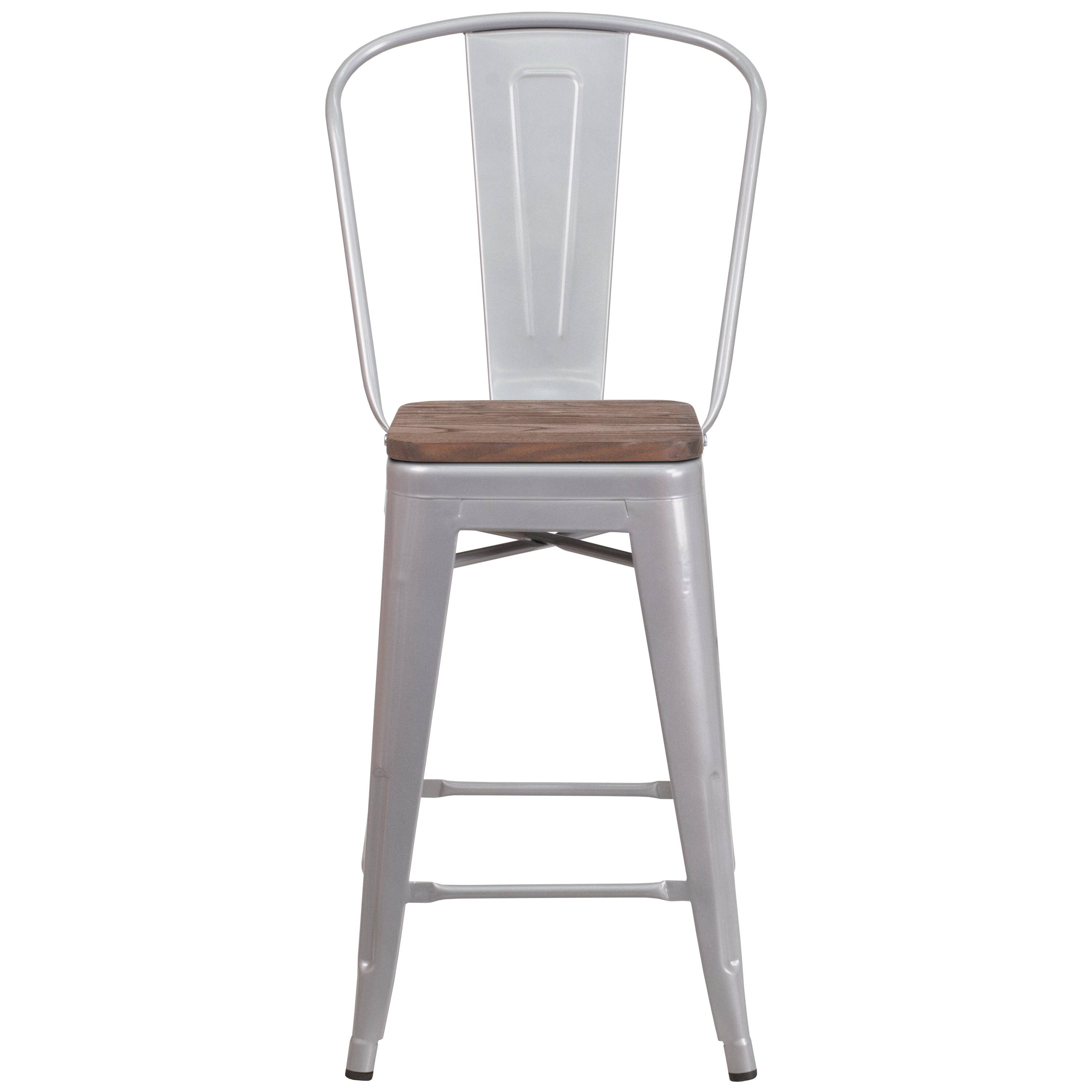 Alt View 7. Emma + Oliver - 24"H Metal Counter Height Stool with Back and Square Wood Seat - Silver.