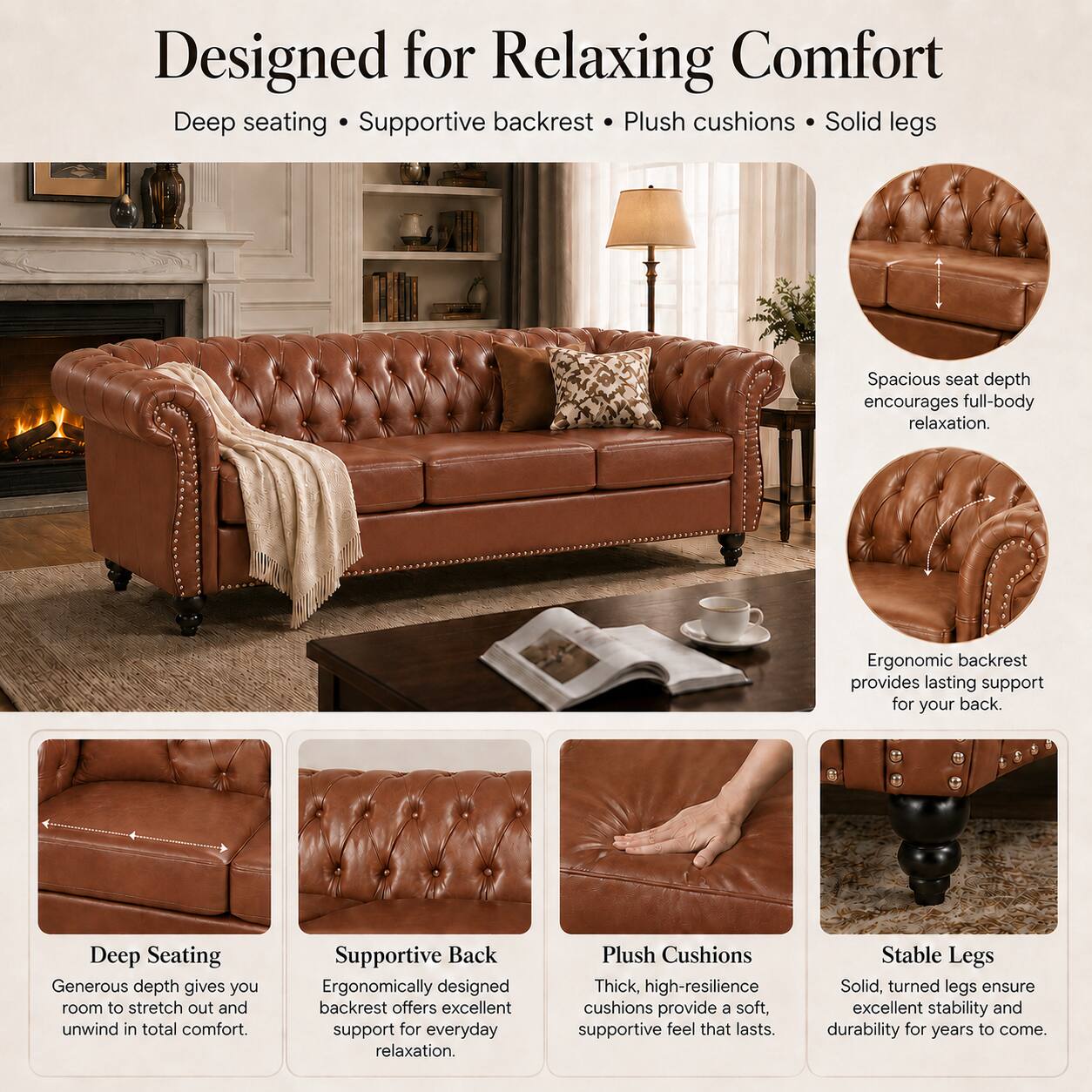Designed for Relaxing Comfort

Deep seating • Supportive backrest • Plush cushions • Solid legs

Spacious seat depth encourages full-body relaxation.

Deep Seating
Generous depth gives you room to stretch out and unwind in total comfort.

Supportive Back
Ergonomically designed backrest offers excellent support for everyday relaxation.

Ergonomic backrest provides lasting support for your back.

Plush Cushions
Thick, high-resilience cushions provide a soft, supportive feel that lasts.

Stable Legs
Solid, turned legs ensure excellent stability and durability for years to come.