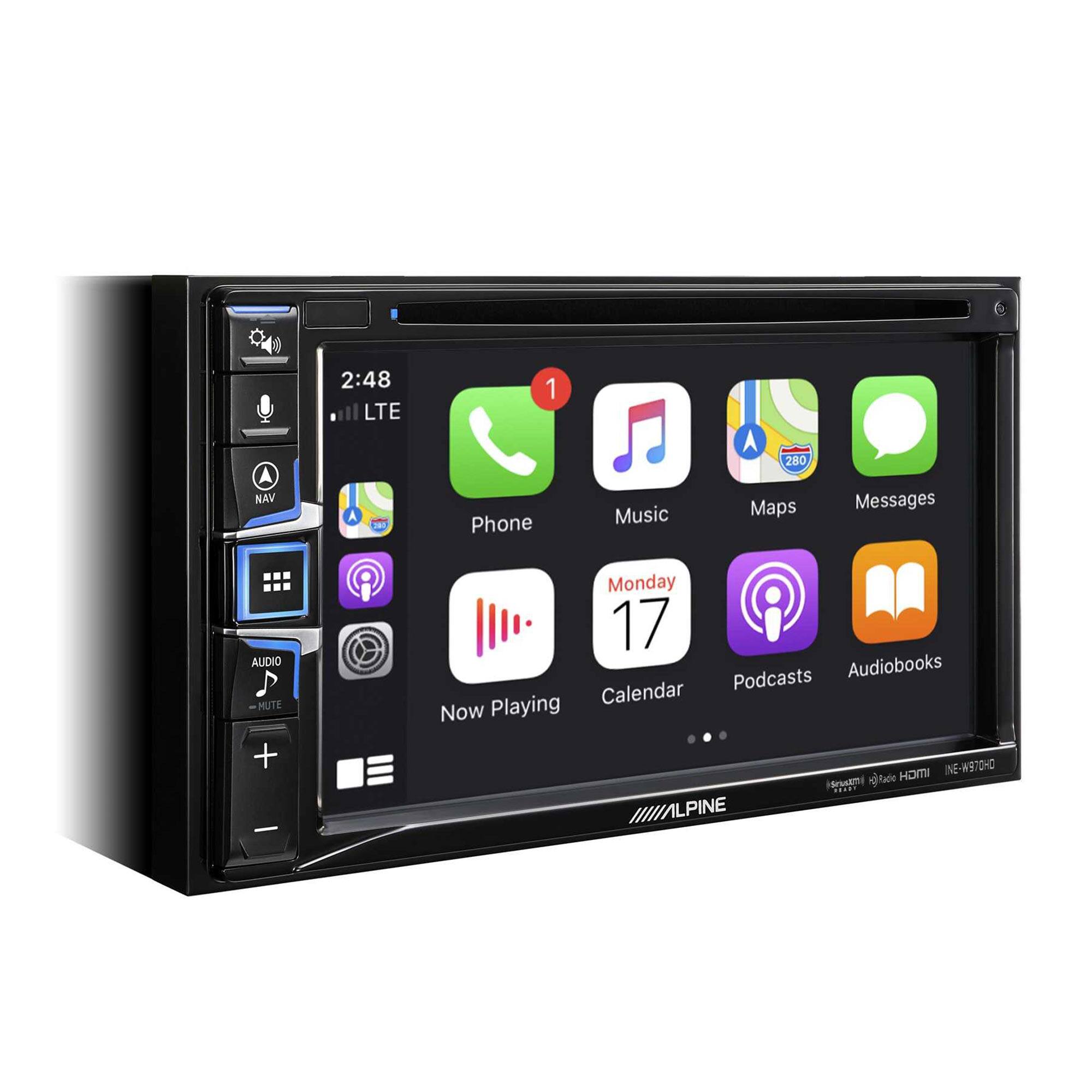 A NAV 2:48 LTE A J 1 Phone Music A 280 Maps Messages AUDIO MUTE + Monday 17 Audiobooks Podcasts Calendar Now Playing IE WATOH Qtude HOMI A LPINE