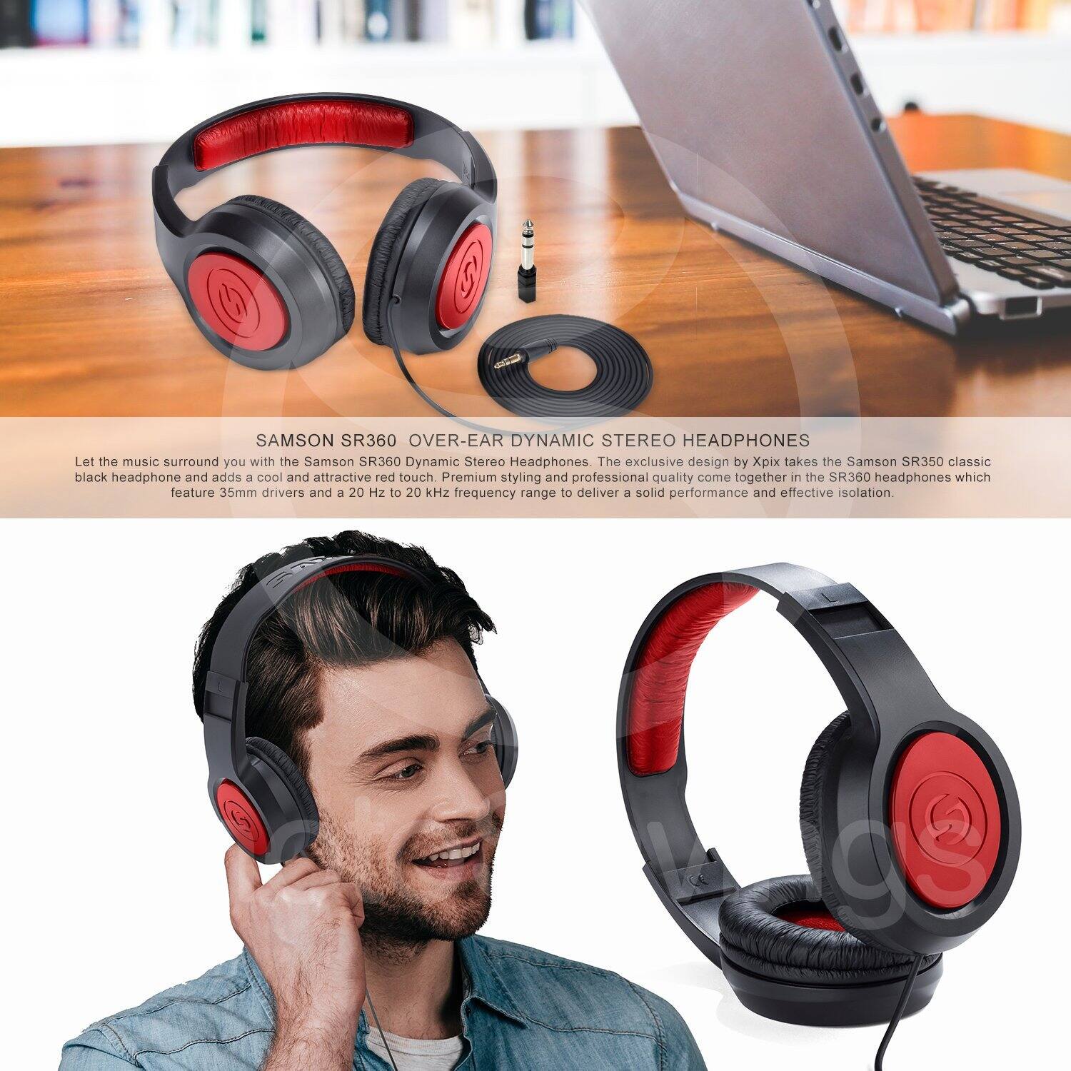 SAMSON SR360 OVER-EAR DYNAMIC STEREO HEADPHONES

Let the music surround you with the Samson SR360 Dynamic Stereo Headphones. The exclusive design by Xpix takes the Samson SR350 classic black headphone and adds 3 cool and attractive red touch. Premium styling and professional quality come together in the SR350 headphones which feature 35mm drivers and a 20 Hz to 20 kHz frequency range to deliver a solid performance and effective isolation.
