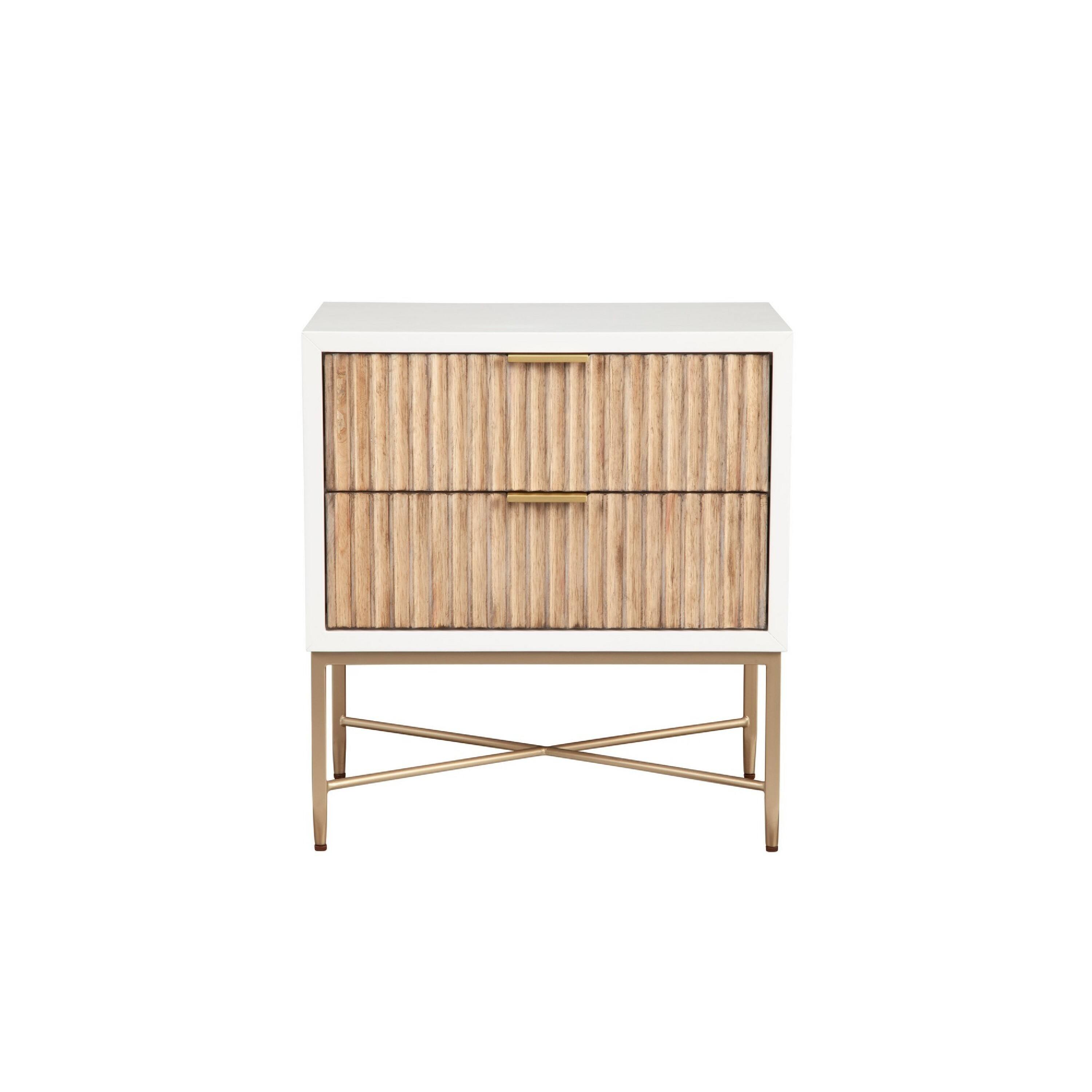 Angle. Manhattan Lane - Eli 26 Inch 2 Drawer Nightstand, Corrugated Panels,  Metal Frame, - White, Brown, Gold.