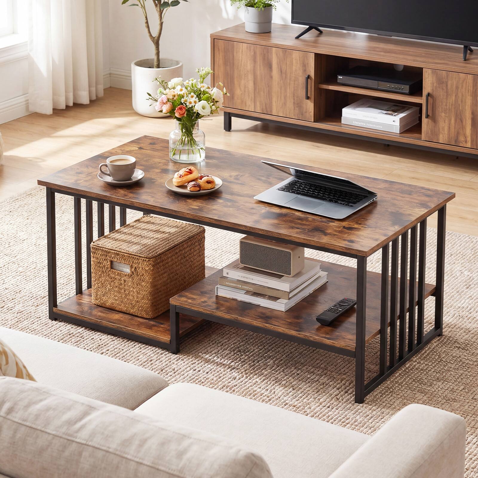 Alt View 4. Gymax - Gymax 2-Tier Coffee Table 43.5'' Industrial Rectangle Center Table w/Open Storage Shelf Rustic Brown & Black - Brown.