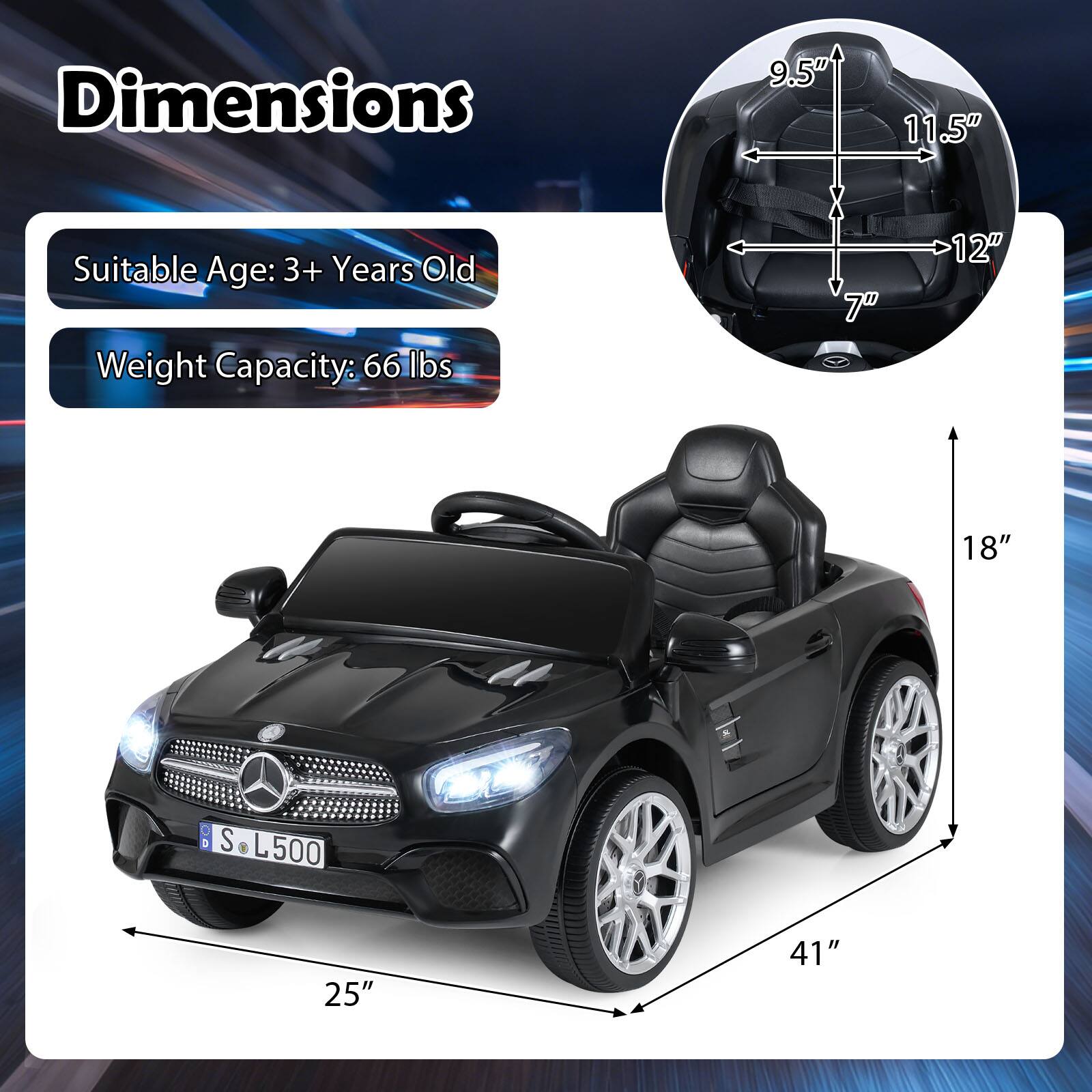 Dimensions: 9.5" x 11.5" x 7" x 12" x 18" x 25" x 41"  
Suitable Age: 3+ Years Old  
Weight Capacity: 66 lbs