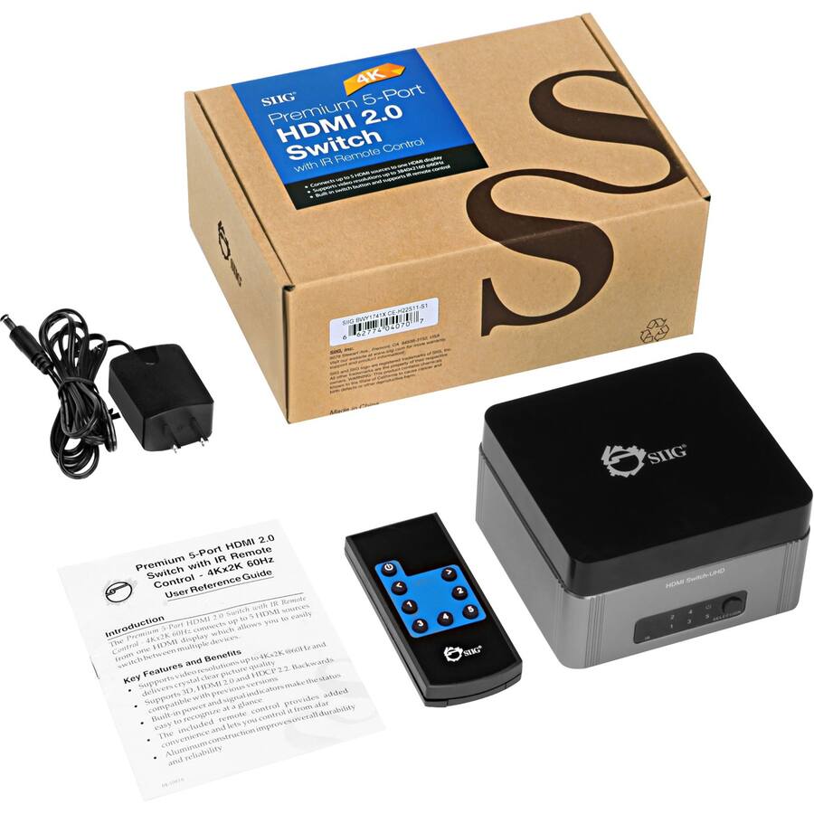 **4K SIG 5-Port Premium 2.0 HDMI Switch with IR Remote Control**

**Introduction:**
The 4K SIG 5-Port HDMI 2.0 Switch with IR Remote Control is designed to connect up to 5 HDMI devices to a single HDMI display. It supports 4Kx2K@60Hz and 3D video signals, making it ideal for high-quality video and audio transmission.

**Key Benefits:**
- Supports 4Kx2K@60Hz and 3D video signals.
- Supports HDMI 2.0, HDCP 2.2, and 3D.
- Supports 3D, 1080p, 1080i, 720p, and 480p.
- Supports crystal clear video and audio transmission.
- Supports signal loss detection.
- Supports power on/off control.
- Built-in IR remote control for easy operation.
- Compact and reliable design.

**Key Features:**
- 5 HDMI inputs and 1 HDMI output.
- Supports 4Kx2K@60Hz and 3D.
- Supports HDMI 2.0, HDCP 2.2, and 3D