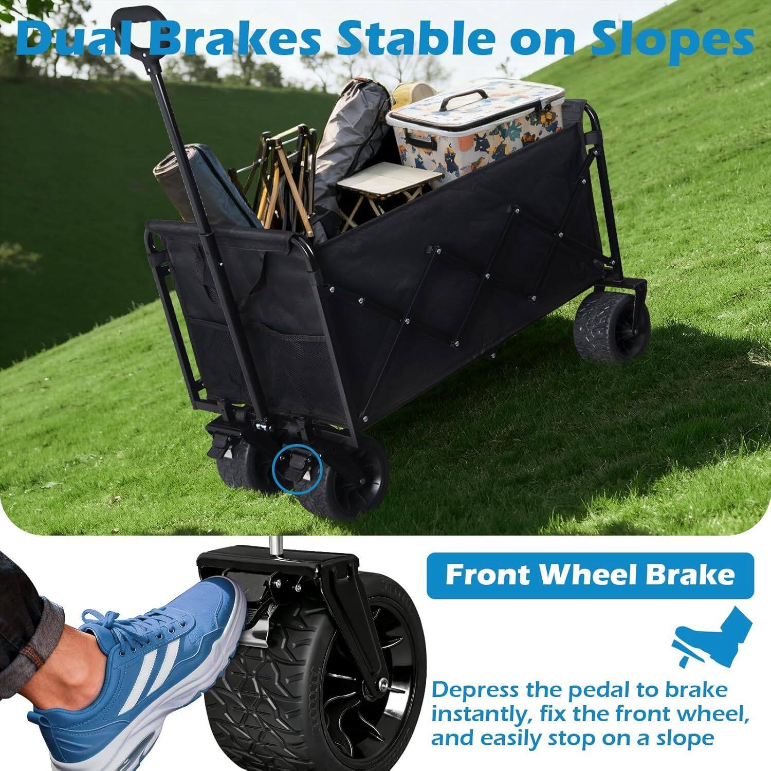 Dual Brakes Stable on Slopes

Front Wheel Brake

Depress the pedal to brake instantly, fix the front wheel, and easily stop on a slope