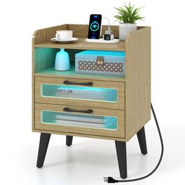 Costway - 1 PCS Nightstand with Charging Station and LED Lights, Open Shelf and 2 Fluted Drawers - Natural