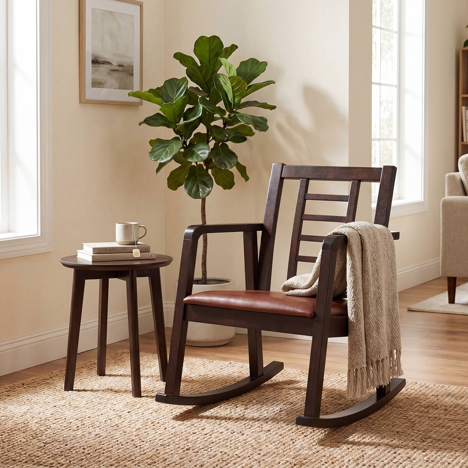 Alt View 4. Costway - Costway 2 PCS Rocking Chair Solid Rubber Wood Rocker with Faux Leather Upholstered Seat - Dark Brown and Brown.