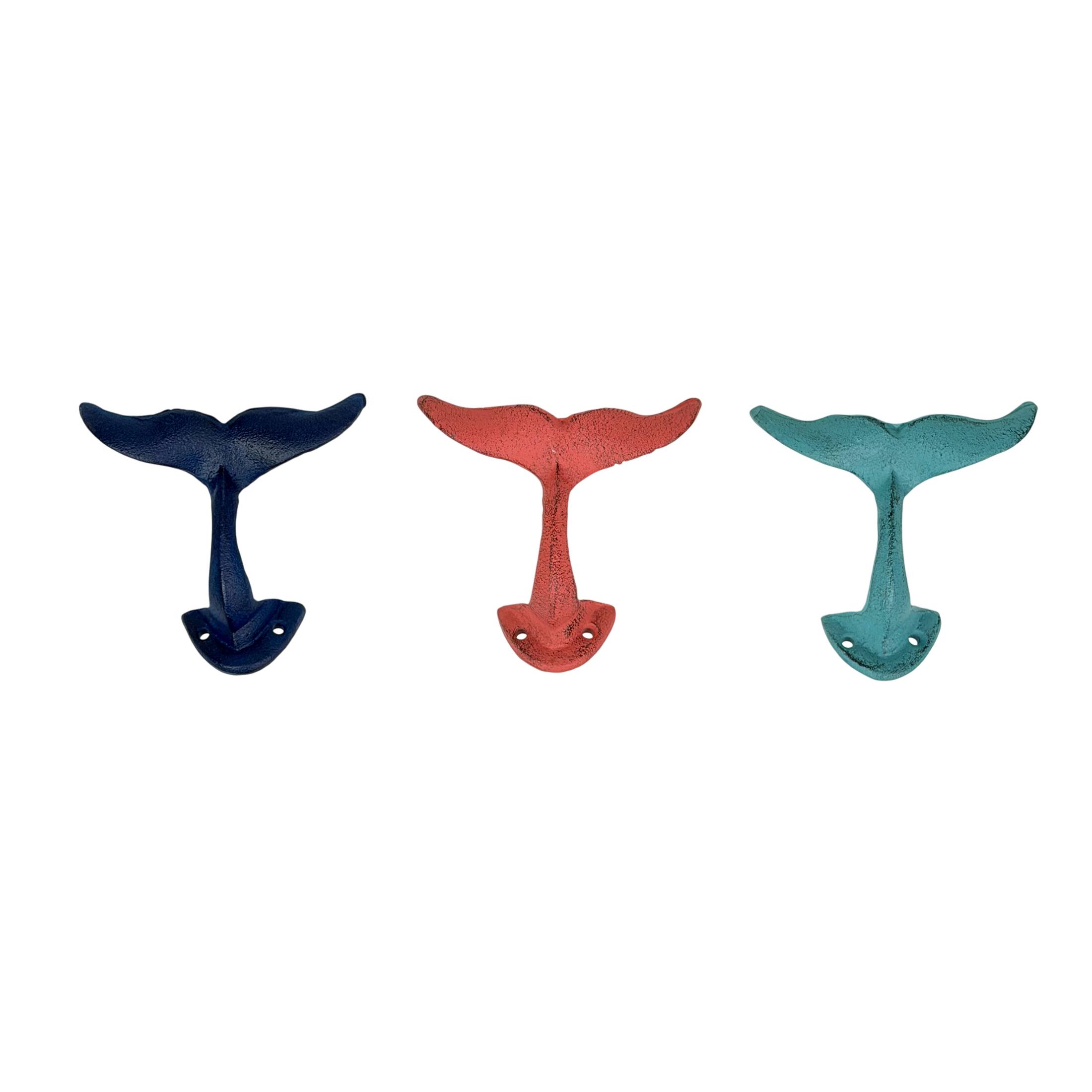 Alt View 1. Zeckos - Set of 3 Cast Iron Whale Tail Wall Hooks Coastal Nautical Distressed 5 Inch - Multicolored.