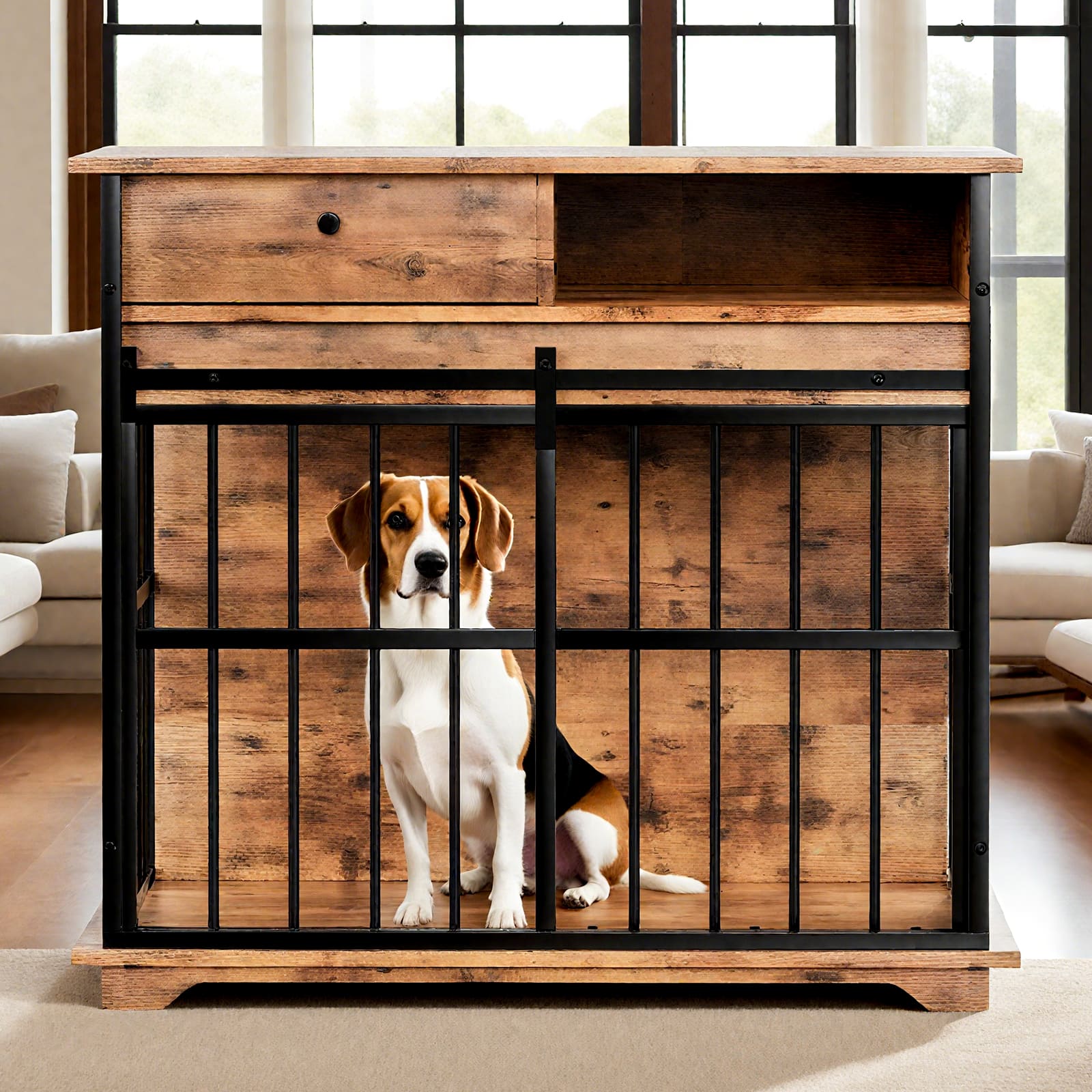 Siljoy - Large Dog Crate Furniture with Drawer & Side Storage, MDF & Metal Kennel for Medium/Large Dogs