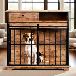 Siljoy - Large Dog Crate Furniture with Drawer & Side Storage, MDF & Metal Kennel for Medium/Large Dogs