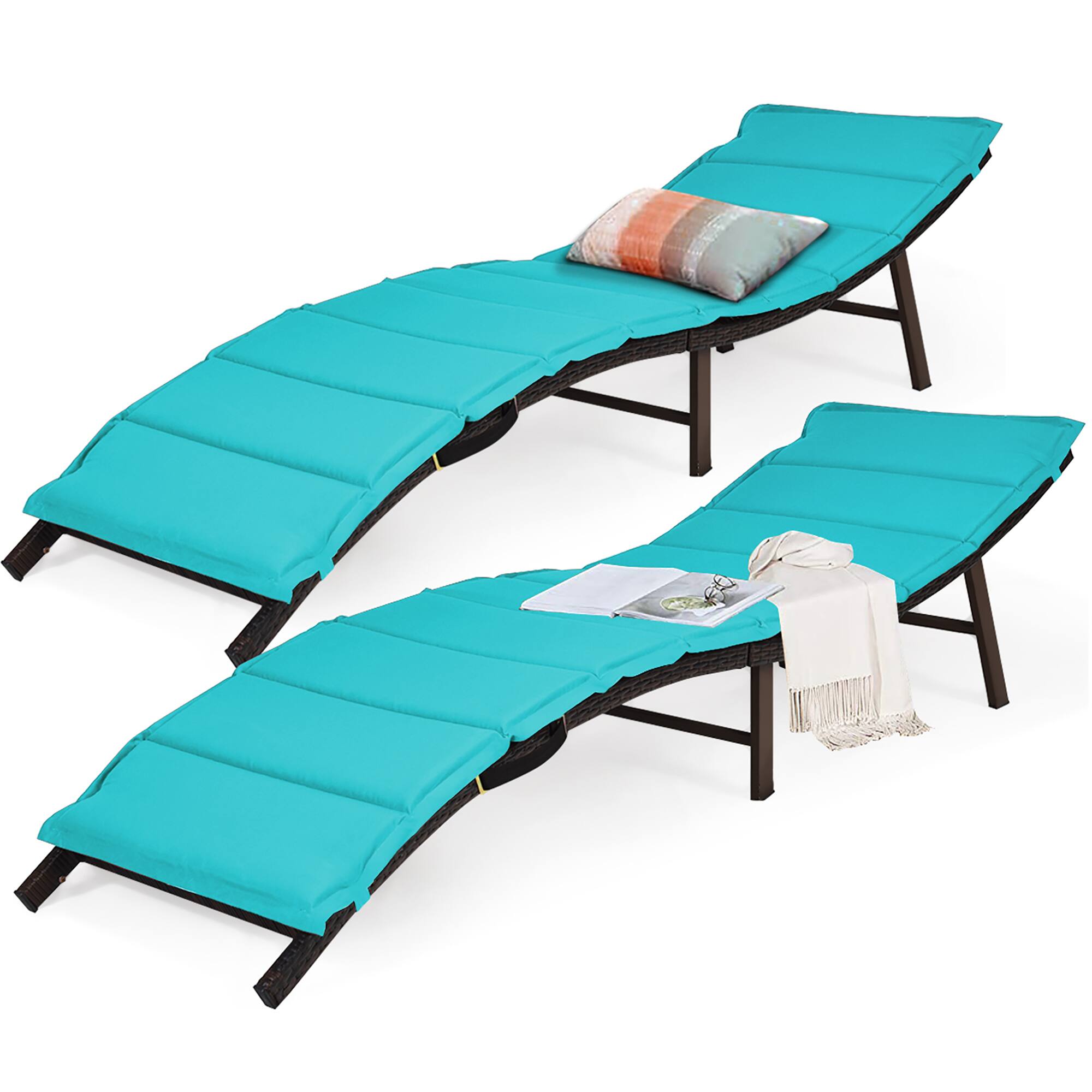 Alt View 8. Costway - 2PCS Patio Rattan Folding Lounge Chair Stackable Double Sided Cushion Outdoor - Turquoise.