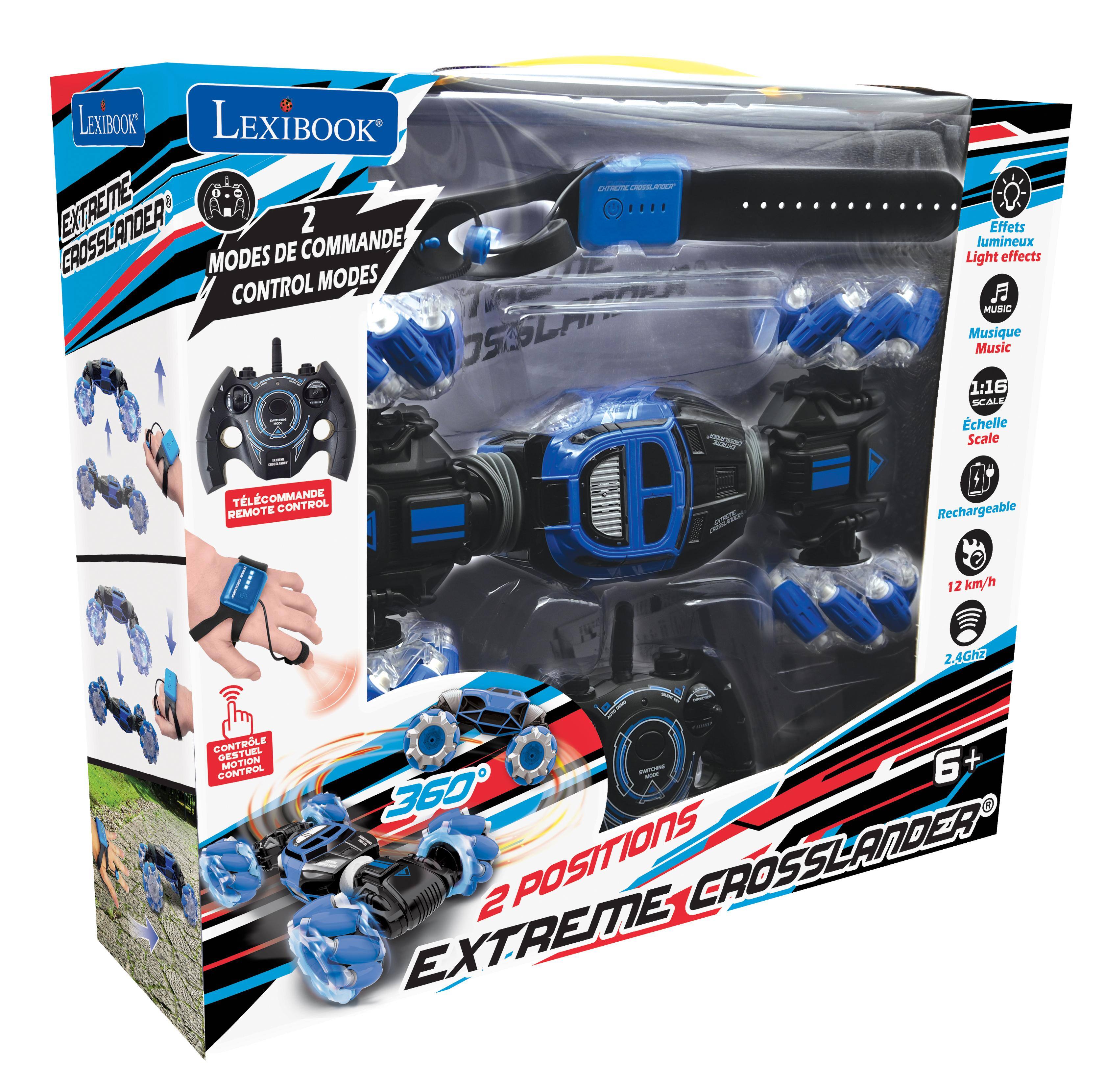 LEXIBOOK EXTREME CROSSLANDER 2  
MODES DE COMMANDE CONTROL MODES  
TELECOMMANDE CONTROL REMOTE  
CONTROLE GESTUEL MOTION CONTROL  
360 POSITIONS  
Effets lumineux Light effects  
MUSIQUE Music  
1:16 SCALE  
Rechargeable  
12 km/h  
2.4Ghz  
6+