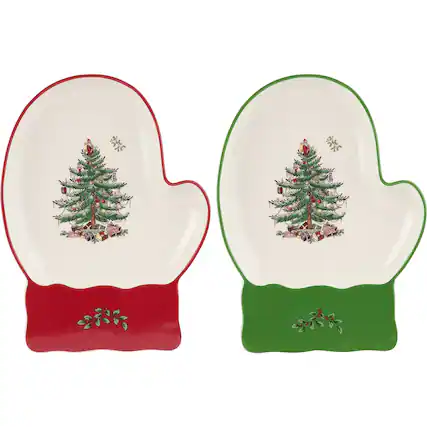 Front. Spode - Spode Christmas Tree Mitten Dishes Set of 2 Dish - Red Green - Multicolored.