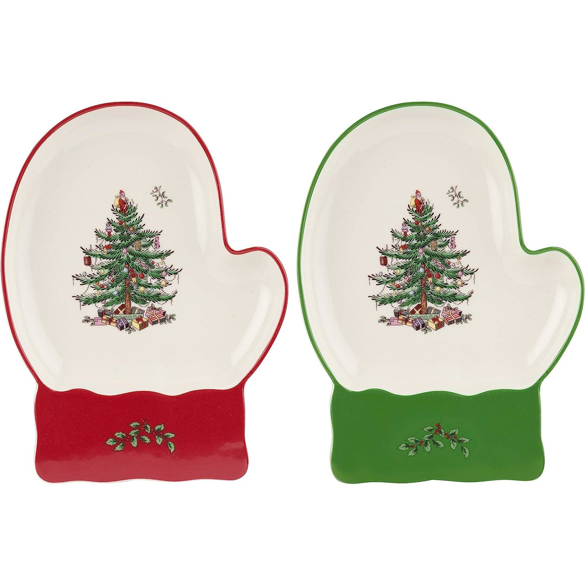 Front. Spode - Spode Christmas Tree Mitten Dishes Set of 2 Dish - Red Green - Multicolored.