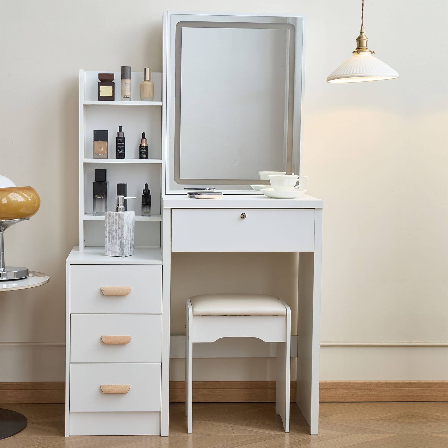Angle. APRILSOUL - Vanity Desk with Sliding Mirror and Lights 4 Drawers Stool Open Shelves 3 Color Adjustable Lighting Modes - White.