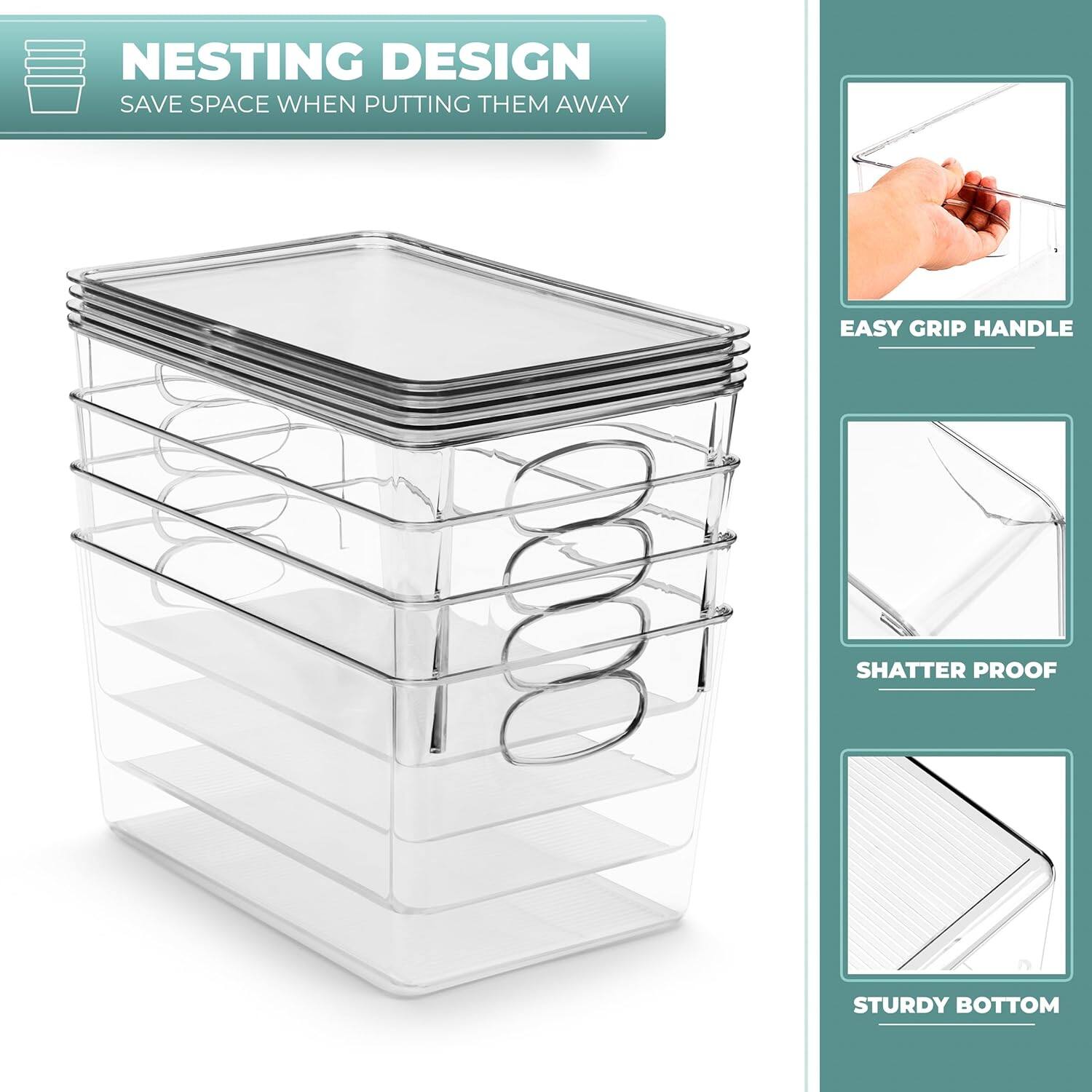 NESTING DESIGN  
SAVE SPACE WHEN PUTTING THEM AWAY  

EASY GRIP HANDLE  

SHATTER PROOF  

STURDY BOTTOM