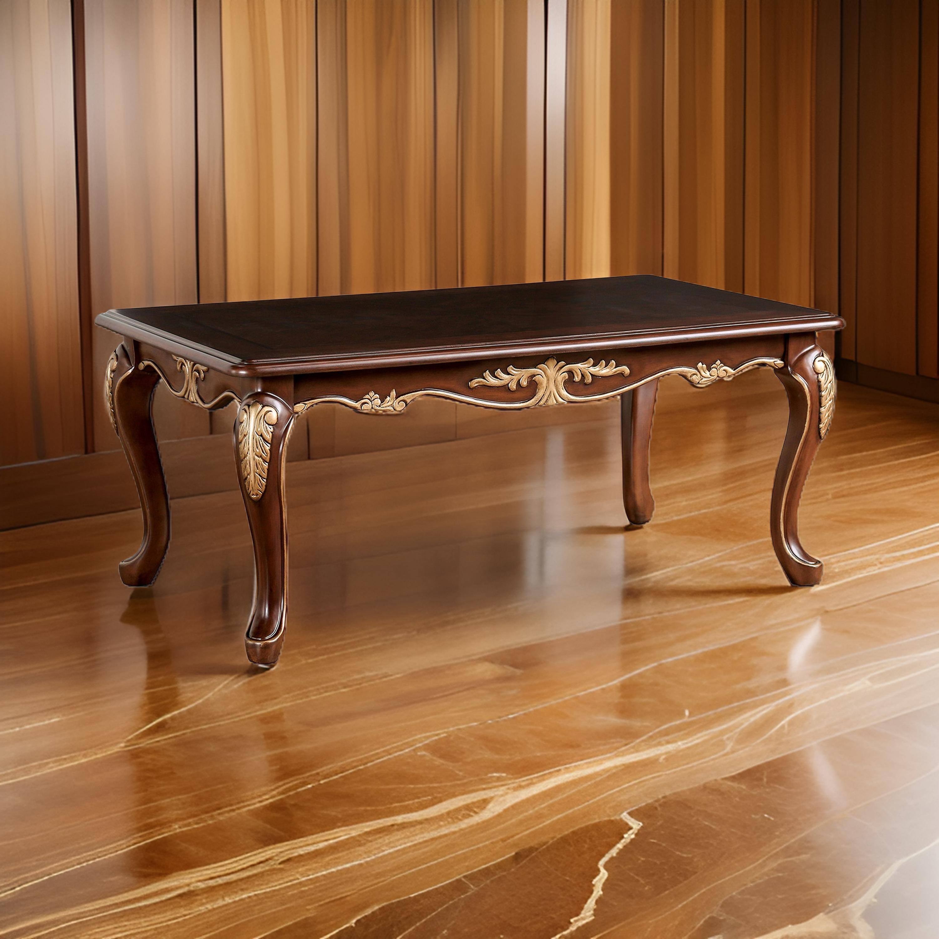 Alt View 5. Manhattan Lane - Saili Coffee Table, Gold Carvings, 48 Inch, Cabriole, Tobacco Brown Wood - Tobacco Brown, Gold.