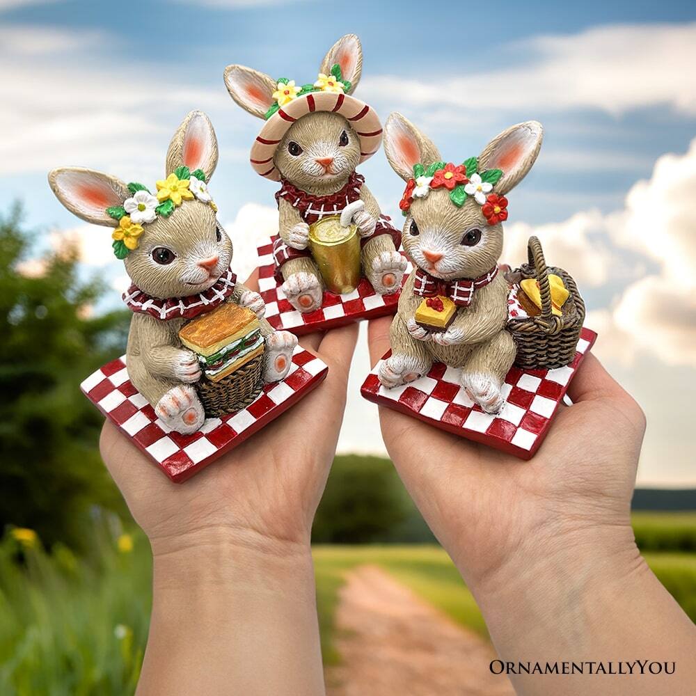 Back. OrnamentallyYou - Joyful Picnic Gathering Bunny Trio Set of Three Figurines, Spring Rabbit Statue 4.5" Decor - Multicolored.