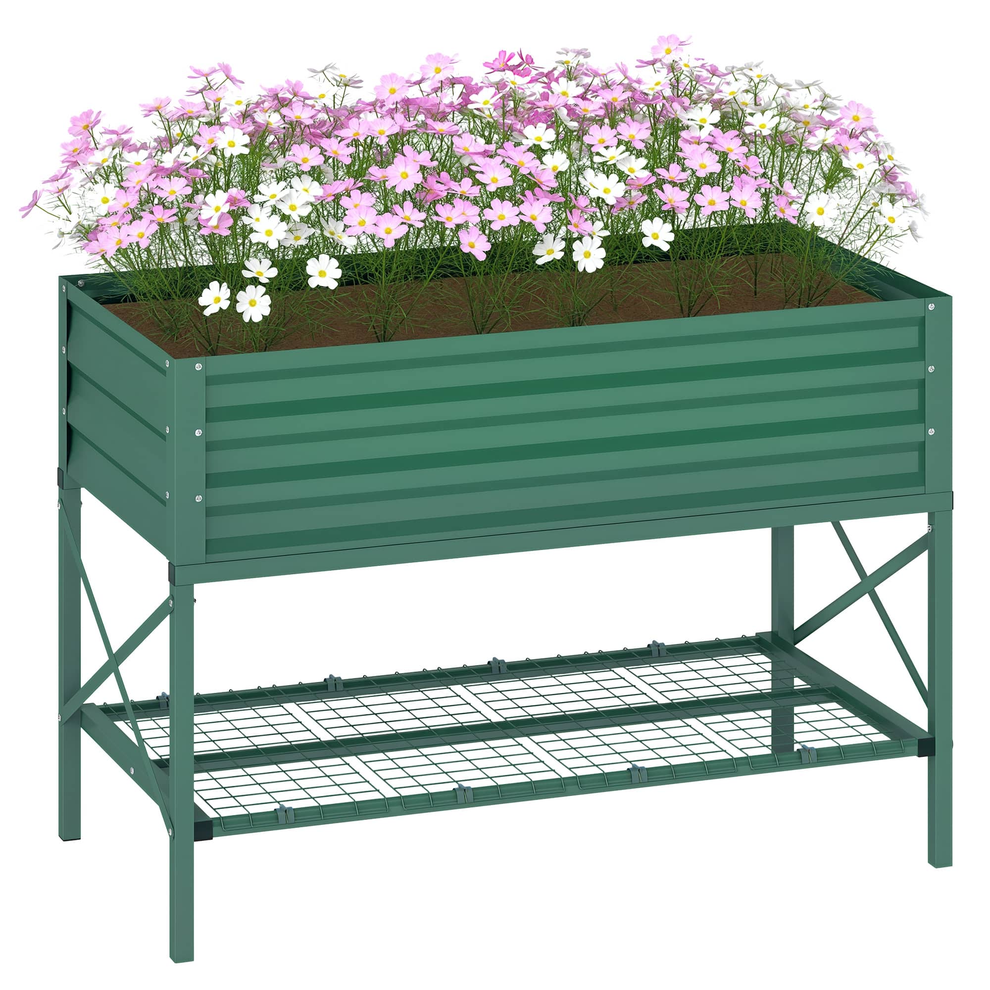 Outsunny - Raised Garden Bed with Galvanized Steel Frame, Storage Shelf and Bed Liner, Elevated Planter Box with Legs - Green