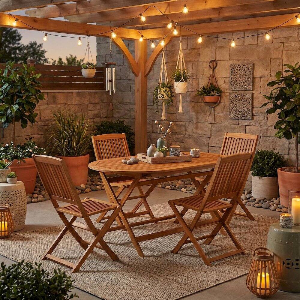 Alt View 3. Outdoor Escape - Wooden Patio Set Oil-Finished Dining Table and 4 Outdoor Chairs - Brown.