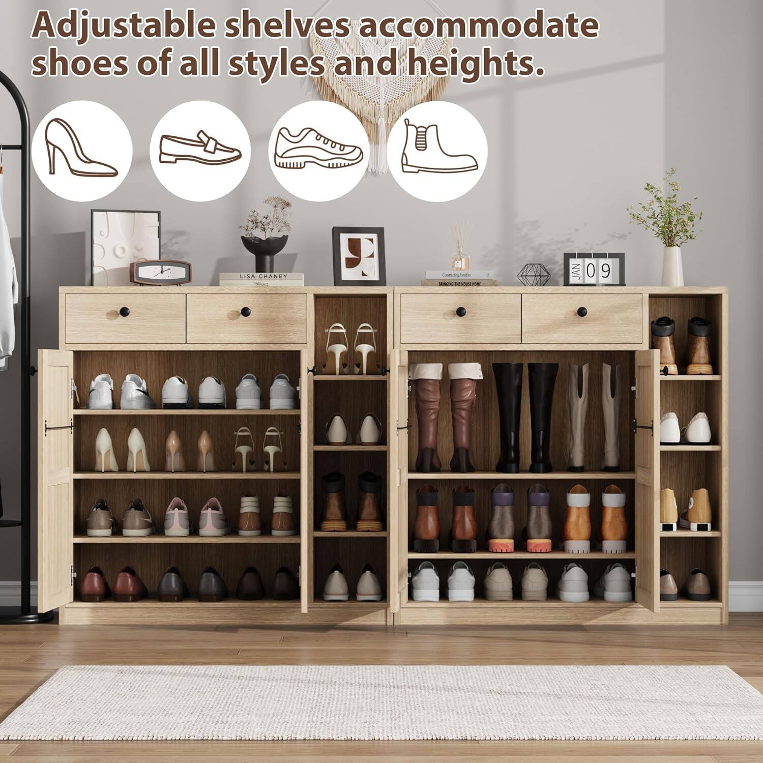 Adjustable shelves accommodate shoes of all styles and heights.