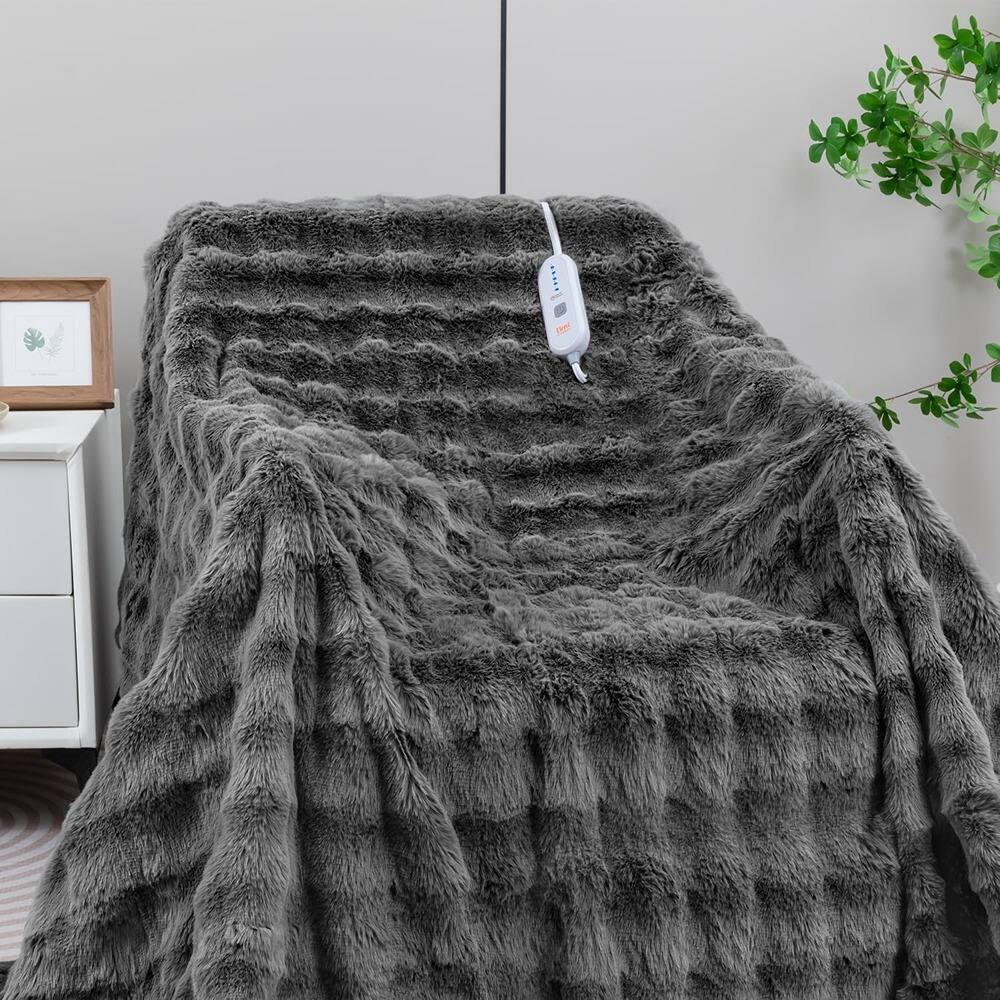 Alt View 2. MOSZAR LLC - Electric Heated Throw Blanket, Soft Bubble, Light Gray, 50"x60" - Light Grey.