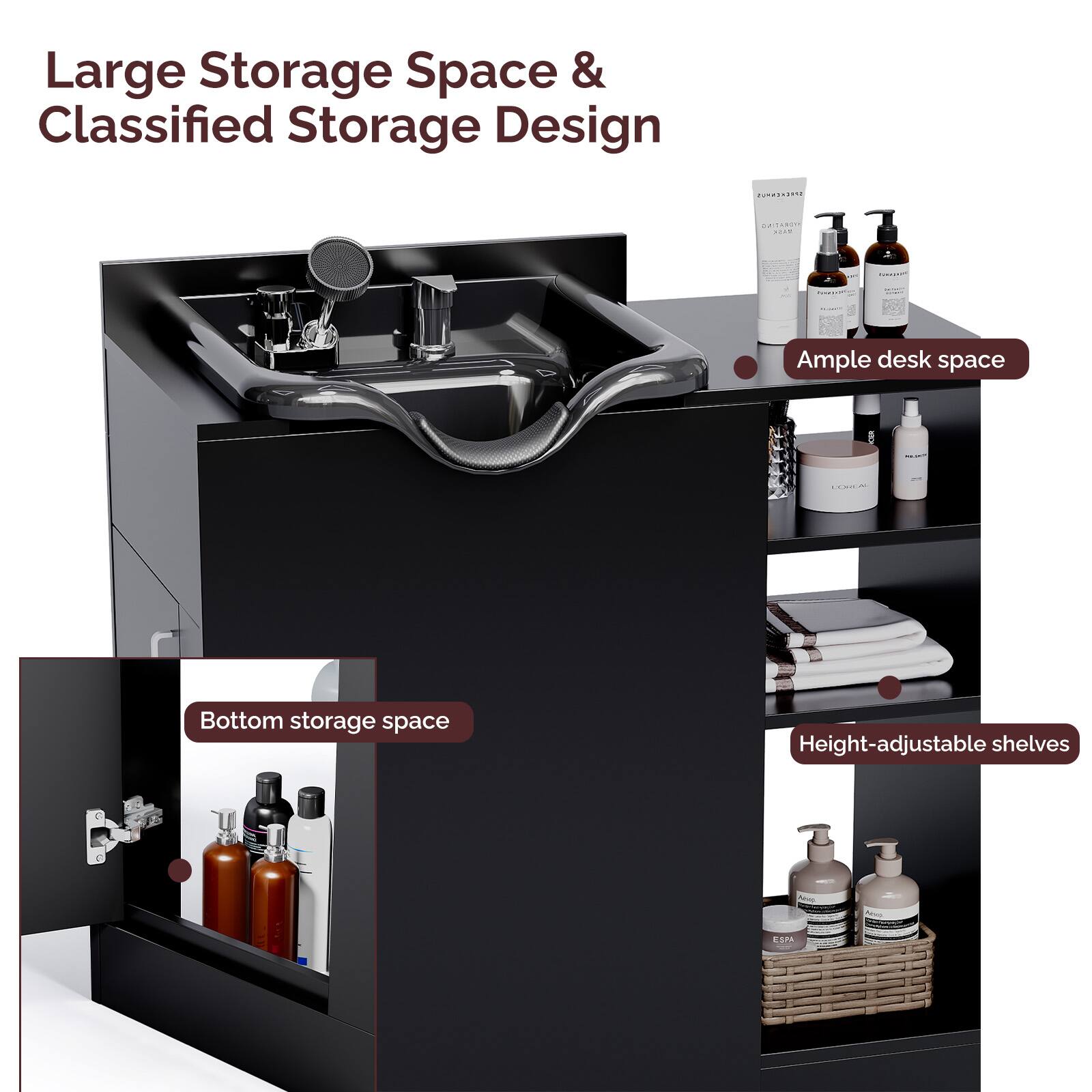 Large Storage Space & Classified Storage Design

- Ample desk space
- Bottom storage space
- Height-adjustable shelves