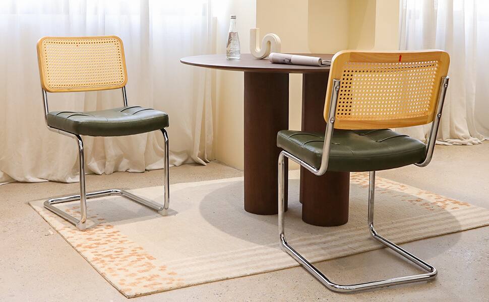 Left. TinyHomie - Dining Chairs Set of 2 Fauex Leather Rattan Side Accent Chairs with Chrome Legs Modern MidCentury Breuer Designed Chairs - Dark Green.