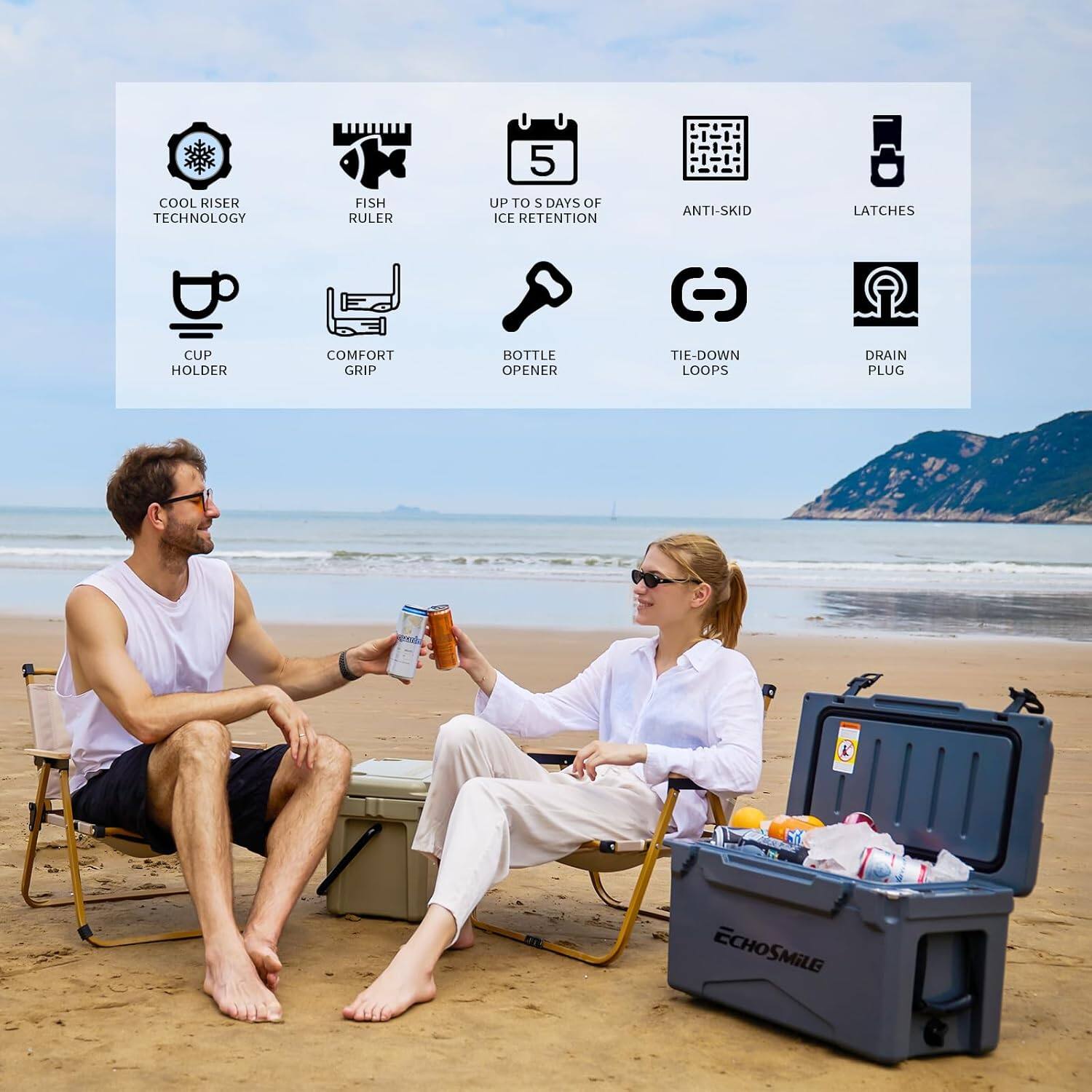 COOL RISER TECHNOLOGY, FISH RULER, 5 UP TO 5 DAYS OF ICE RETENTION, ANTI-SKID, LATCHES, CUP HOLDER, COMFORT GRIP, BOTTLE OPENER, TIE-DOWN LOOPS, DRAIN PLUG, ECHOSMILE