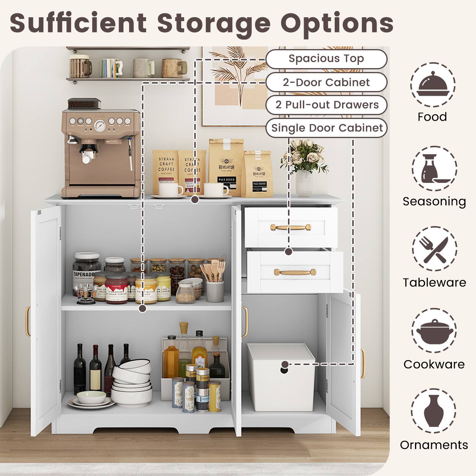 Sufficient Storage Options
Spacious Top
2-Door Cabinet
2 Pull-out Drawers
Single Door Cabinet

Food
STRAVA CRAFT COFFEE
STRAK CRA COFFEE
REVELATOR
REVILATOR
RIDER
Seasoning
TAPENADE

Tableware
Cookware
Ornaments