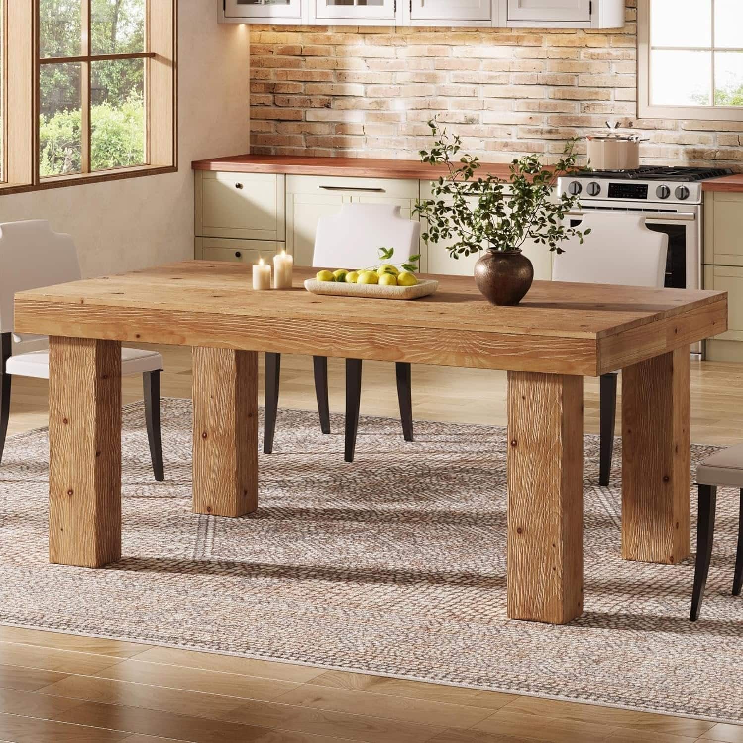 Tribesigns - Farmhouse Solid Wood Dining Table with Wood Grain Finish and Rectangular Top for Dining Room and Kitchen - Light Brown
