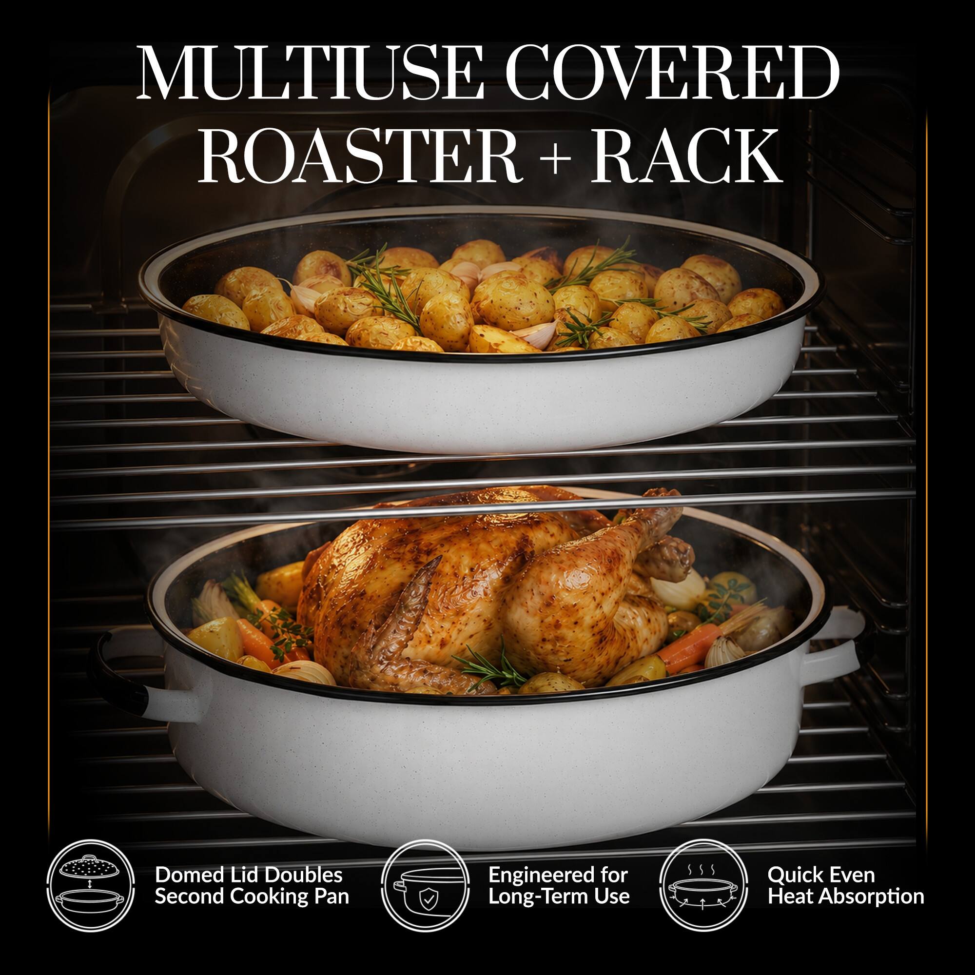 MULTIUSE COVERED ROASTER + RACK  
Domed Lid Doubles Second Cooking Pan  
Engineered for Long-Term Use  
Quick Even Heat Absorption