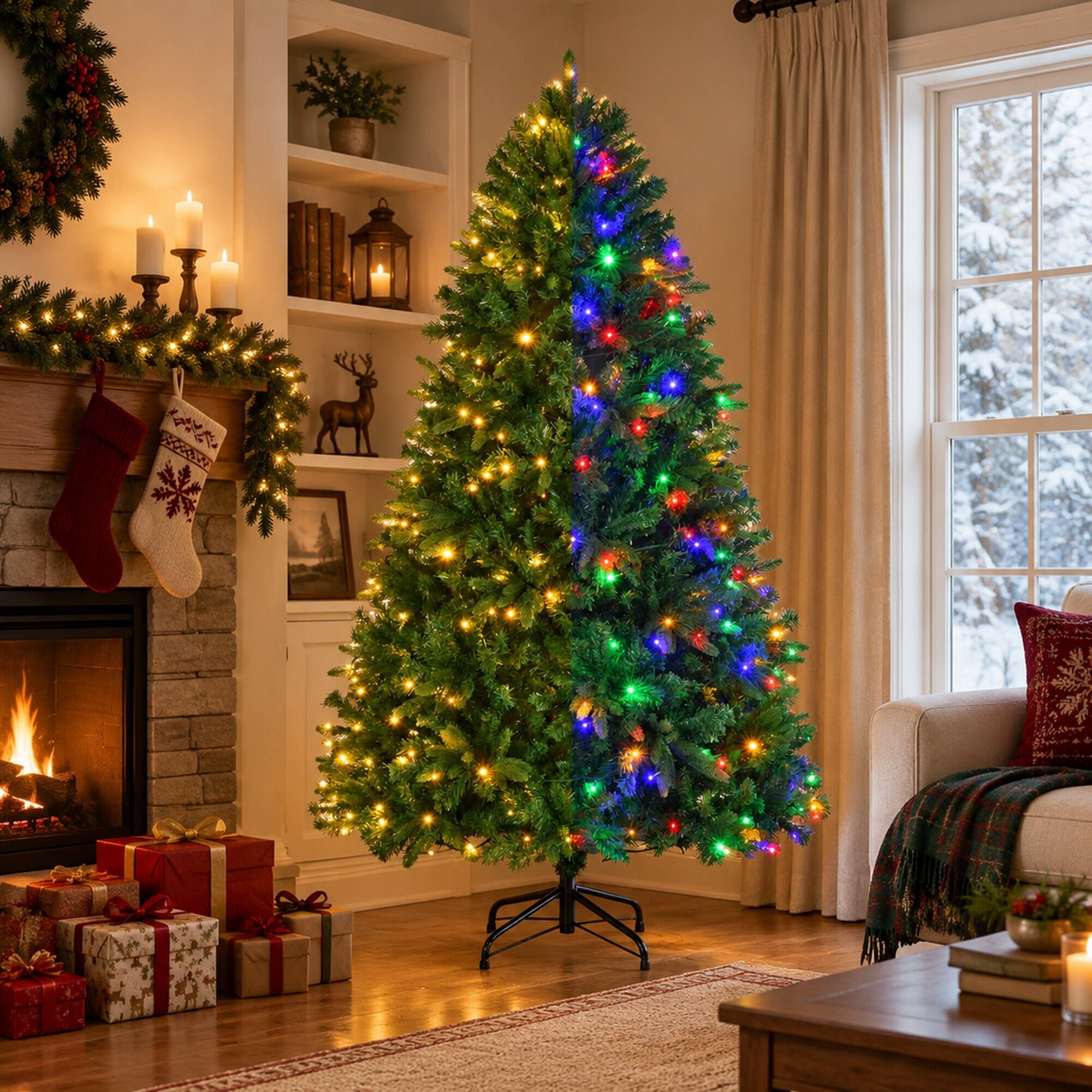 Left. RYHNUYNE - 6FT Pre-Lit Artificial Christmas Tree With 340 Warm White and Multi-Color Chasing LED Lights, PE and PVC Tips - Green.