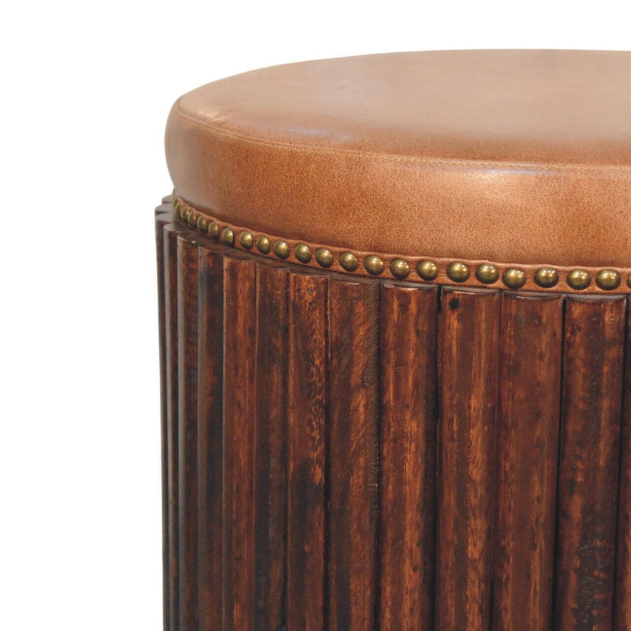 Left. Artisan Furniture - Artisan Furniture Solid Wood Ribbed Leather Accent Stool - Brown.