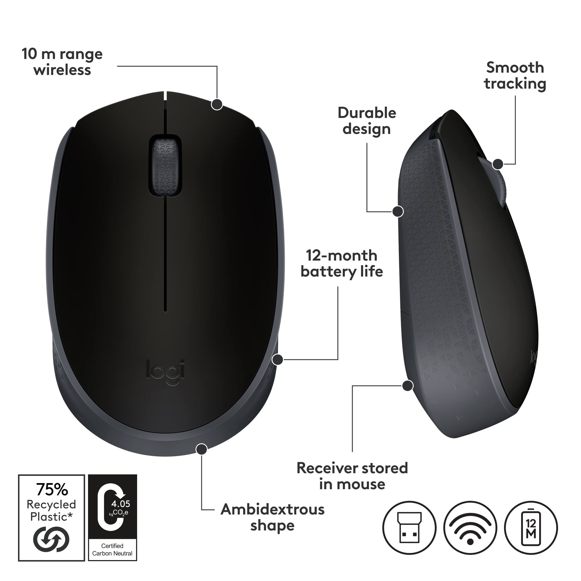 Logitech M170 Wireless Compact Optical Ambidextrous Mouse Black  
