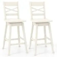 Costway - 2 PCS 24" Counter Height Stool Rubber Wood Swivel Bar Stool with Inclined Backrest Cream - White - Front_Zoom