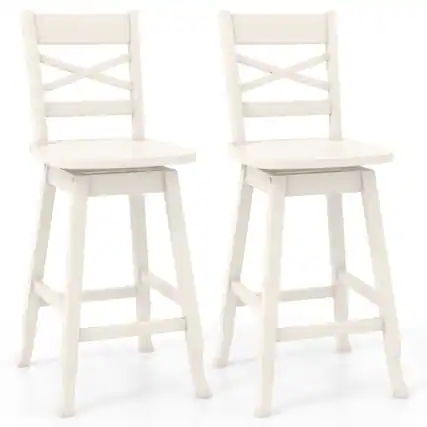 Front. Costway - 2 PCS 24" Counter Height Stool Rubber Wood Swivel Bar Stool with Inclined Backrest Cream - White.