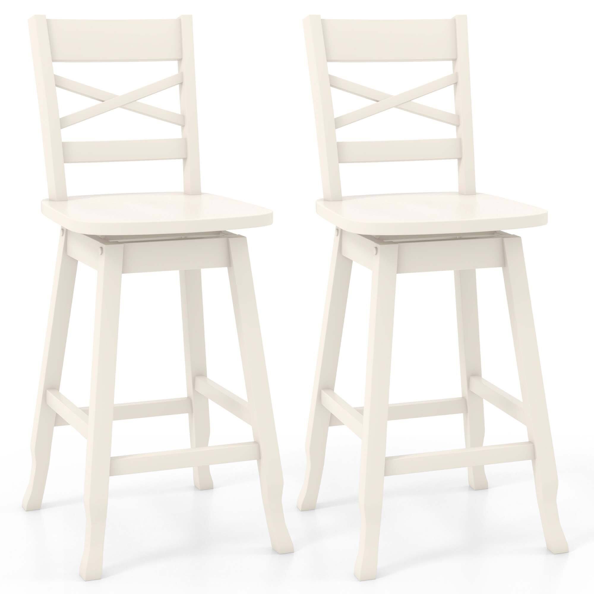 Costway - 2 PCS 24" Counter Height Stool Rubber Wood Swivel Bar Stool with Inclined Backrest Cream - White