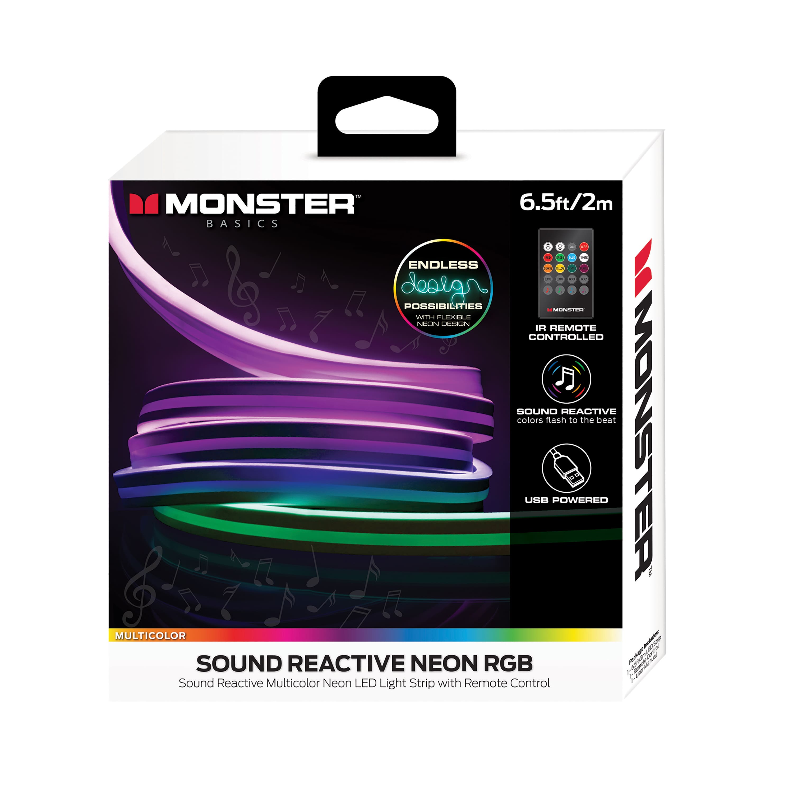 Monster - Flexible Sound Reactive 6.5 ft. Color-Changing USB LED Light Strip, USB Powered - Multicolor