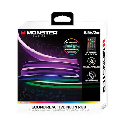 - MONSTER 6.5ft/2m BASICS
- ENDLESS POSSIBILITIES
- IR REMOTE CONTROLLED
- SOUND REACTIVE colors flash to the beat
- USB POWERED
- MULTICOLOR
- SOUND REACTIVE NEON RGB
- Sound Reactive Multicolor Neon LED Light Strip with Remote Control
