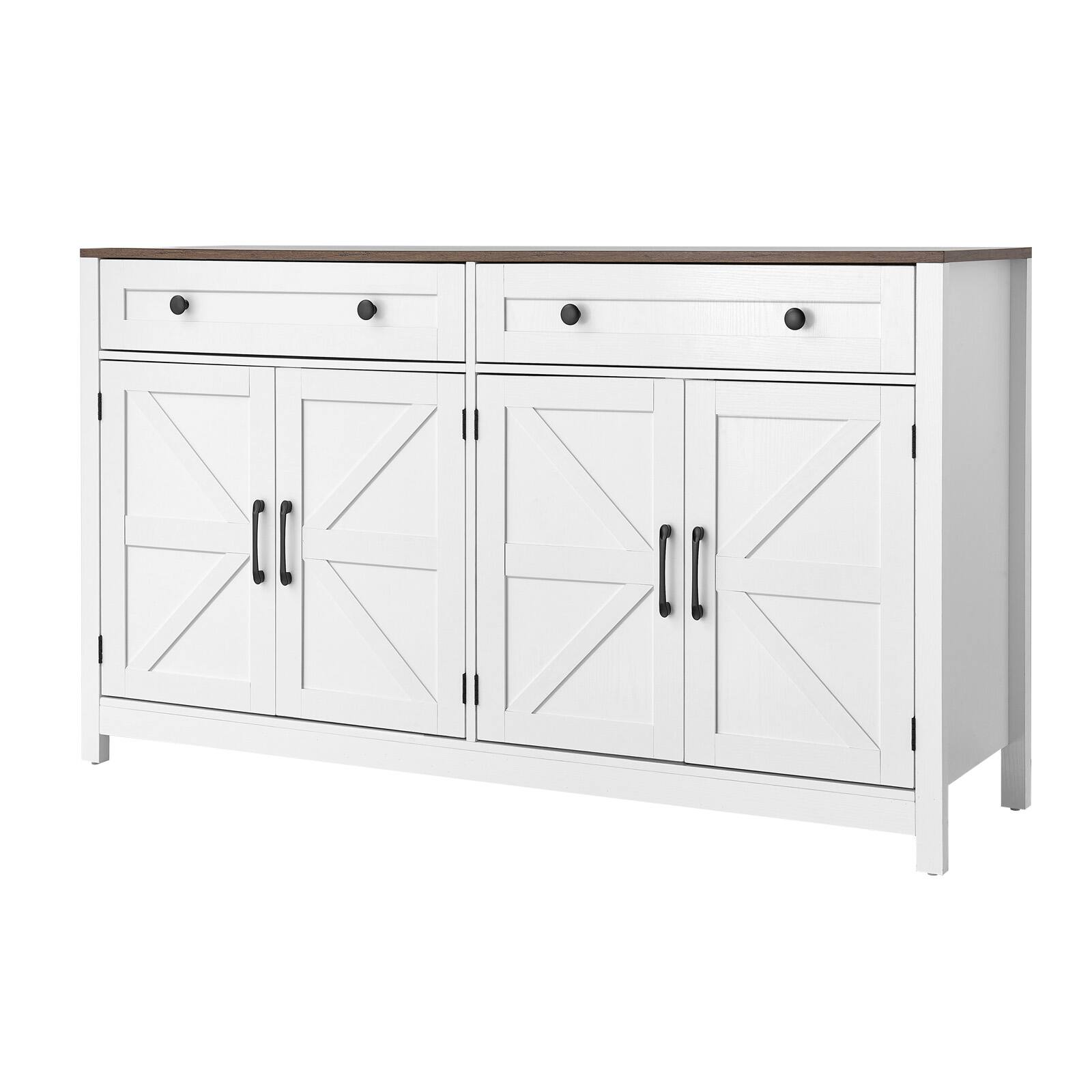 Alt View 5. VEVOR - Coffee Bar Cabinet, Farmhouse Coffee Bar Table with 2 Drawers, Buffet Stand Cabinet with 4 Barn Doors, Sideboard Buffet - White + Brown.
