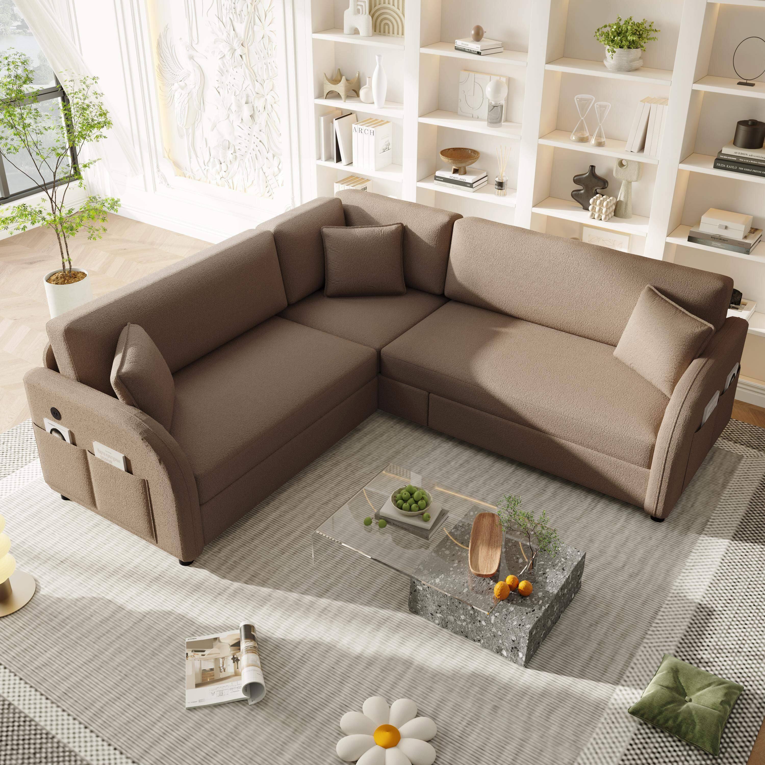 Alt View 1. LOVMOR - 85.1 inch LShaped Sofa Couch with PullOut BedOversize Convertible Sleeper Sofa with side Pocket USB PortTeddy - Brown.