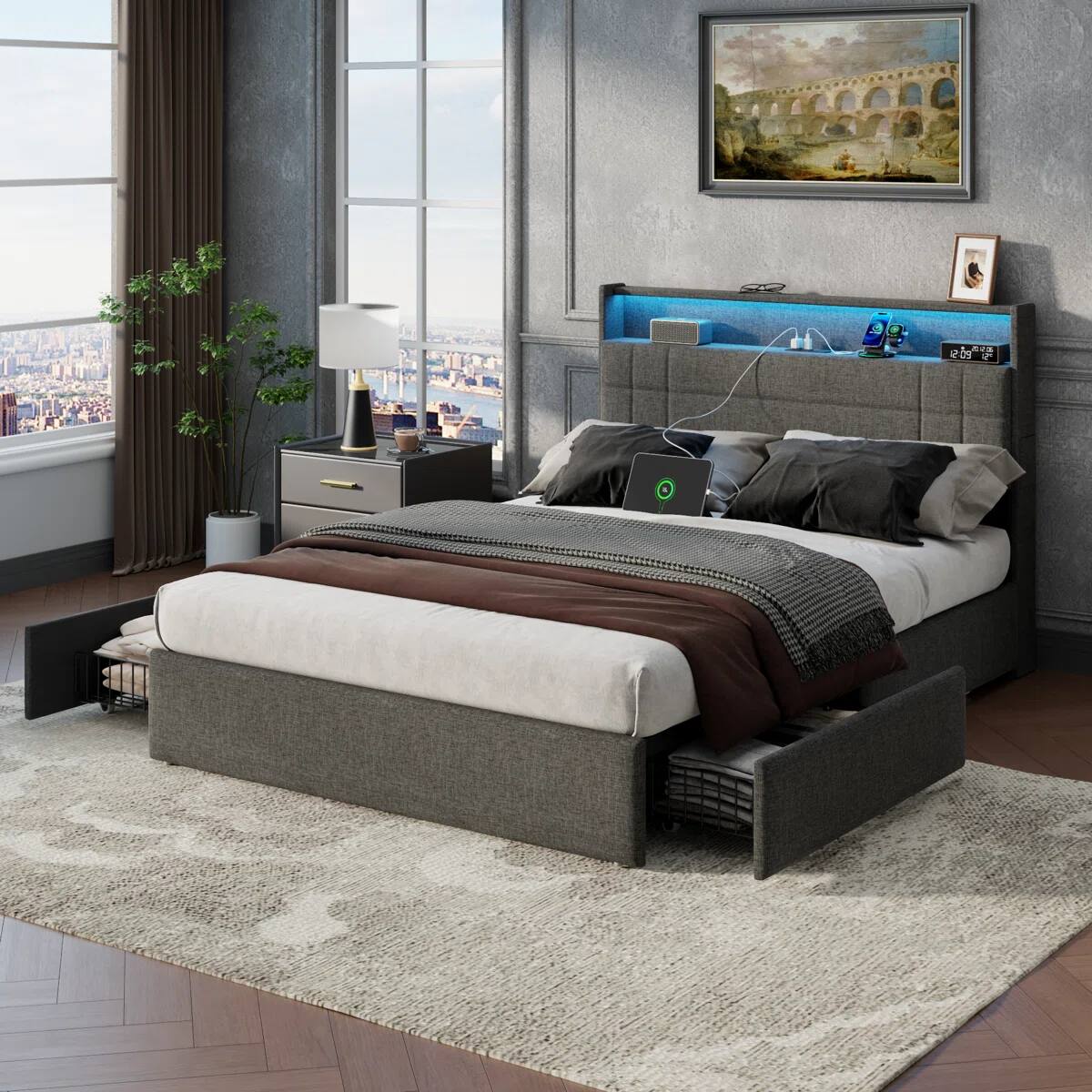 Alt View 10. Furnulem - Moden Bed Frame with Charging Station LED Lights Storage Drawers Upholstered Headboard No Box Spring Needed - Gray.