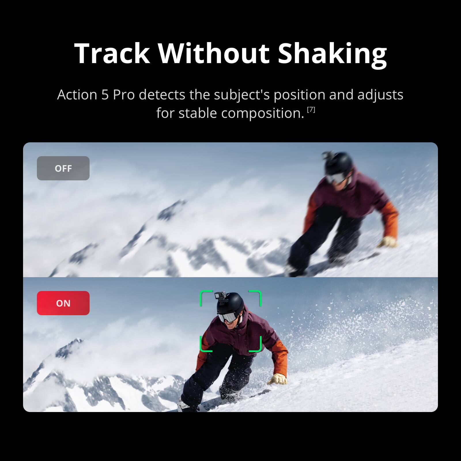 Track Without Shaking

Action 5 Pro detects the subject's position and adjusts for stable composition. [7]

OFF

ON