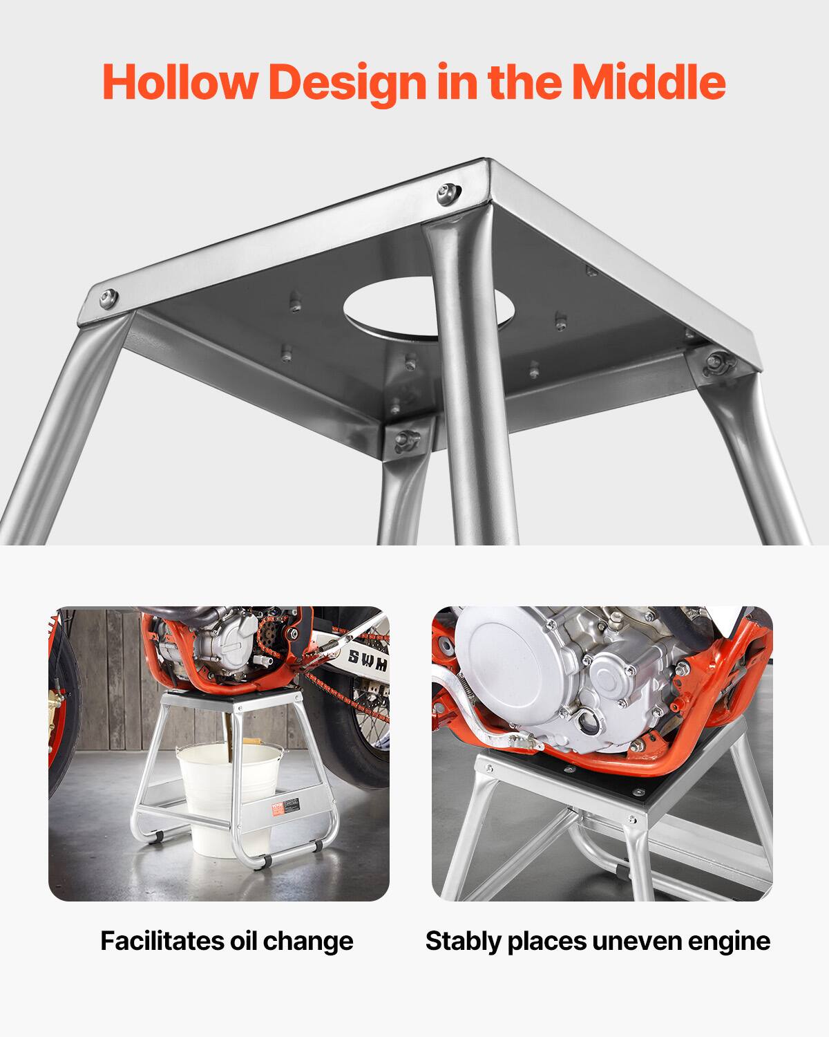 Hollow Design in the Middle

Facilitates oil change

Stably places uneven engine