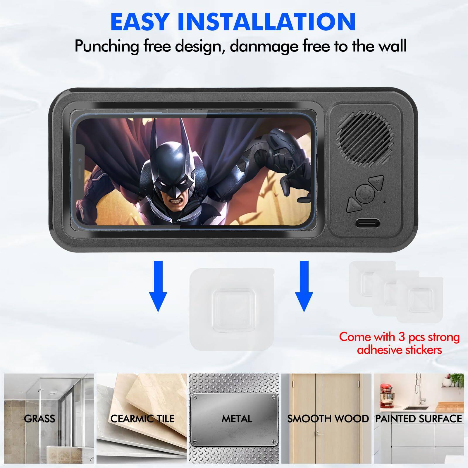 EASY INSTALLATION  
Punching free design, damage free to the wall  

Come with 3 pcs strong adhesive stickers  

GRASS  
CEARMIC TILE  
METAL  
SMOOTH WOOD  
PAINTED SURFACE